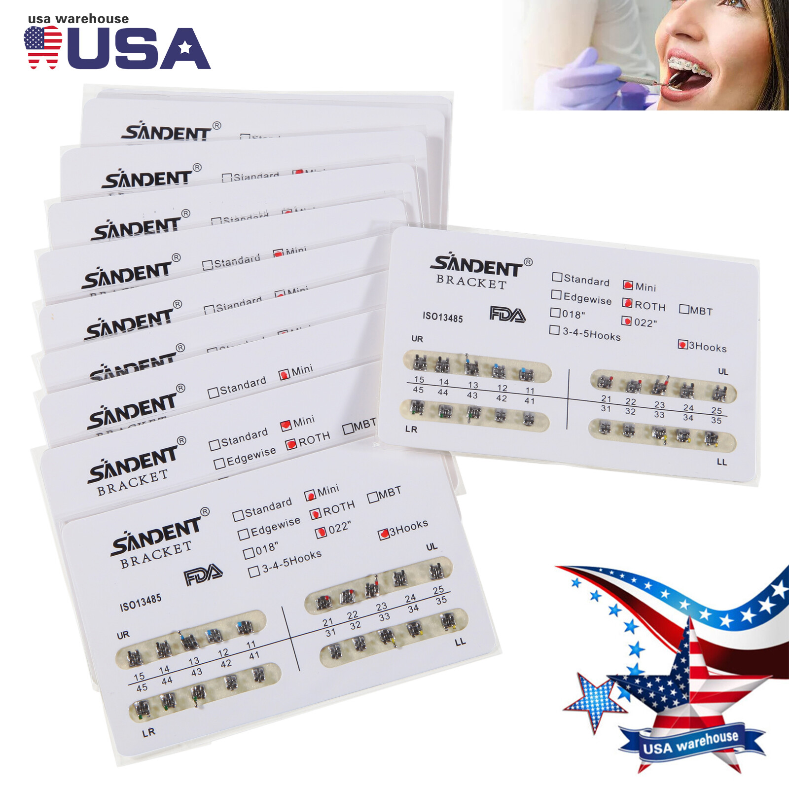 200Pcs Dental Orthodontic Braces Bracket Mini Roth 022″Slot 3 Hooks 10 Packs