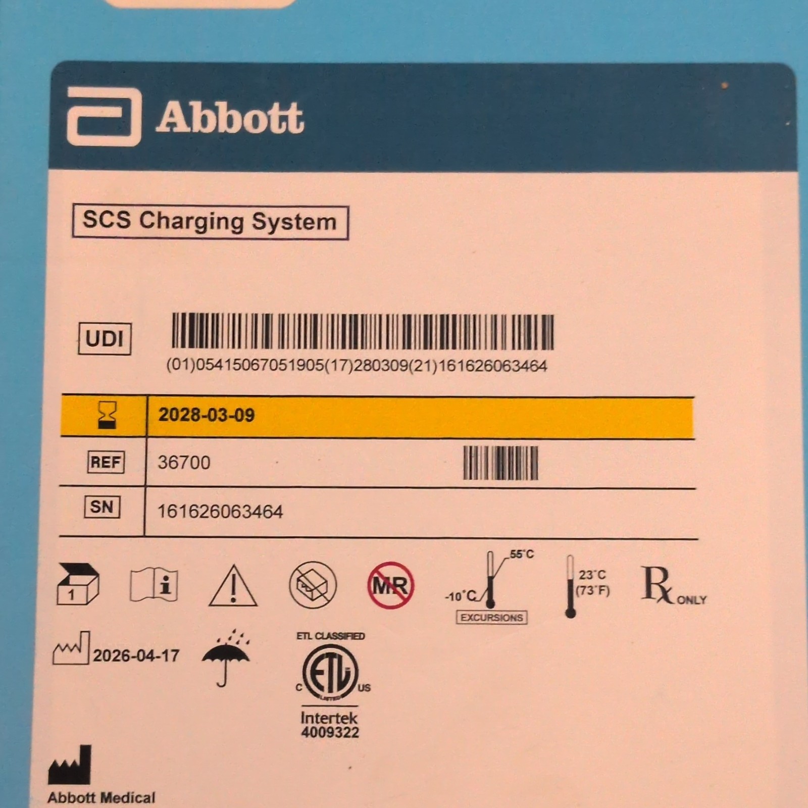 Abbott SCS Charging System Cardiology, REF/MPN 36700