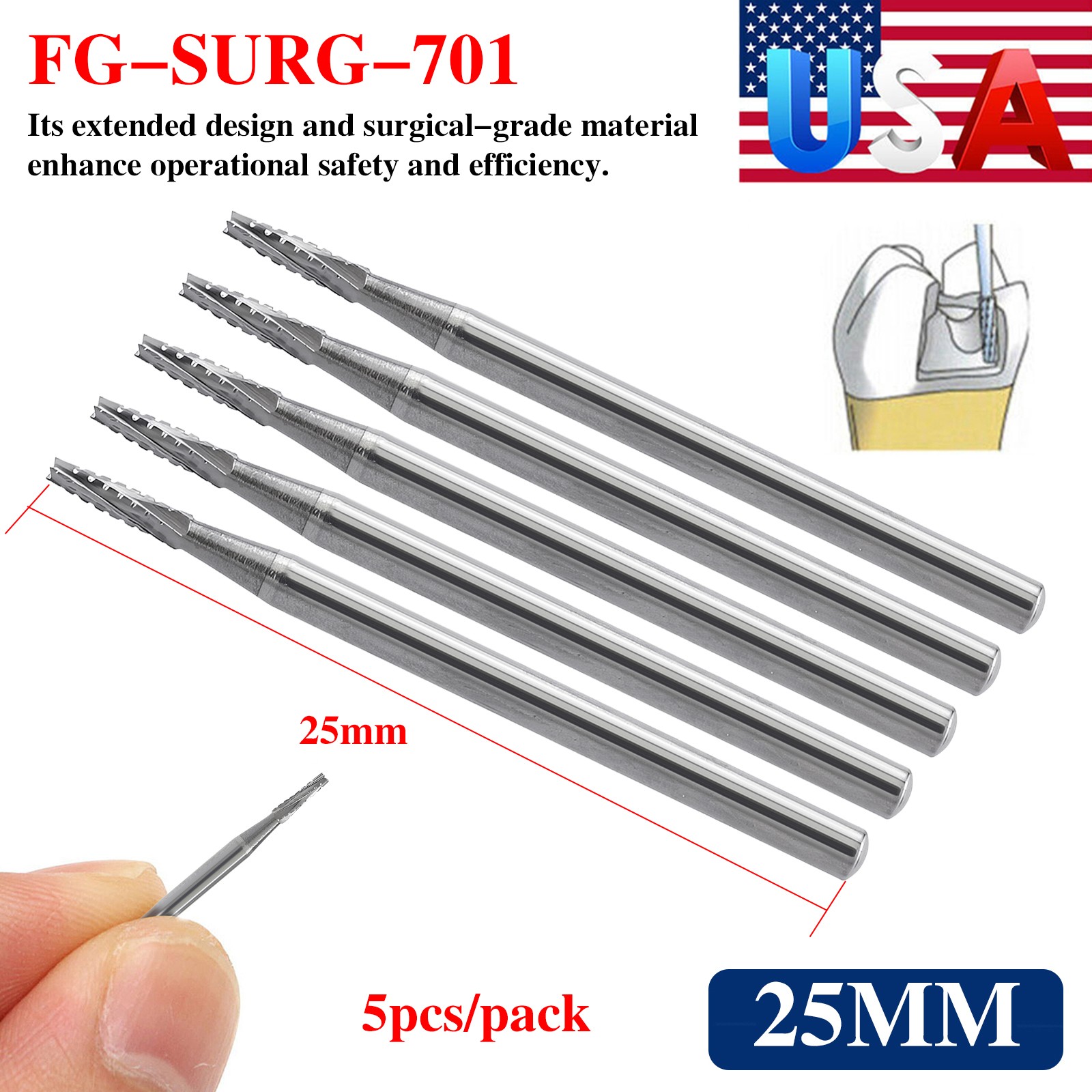 5pcs FGXL-701L Dental Surgical Carbide Burs 25mm Tapered Fissure Cross Cut
