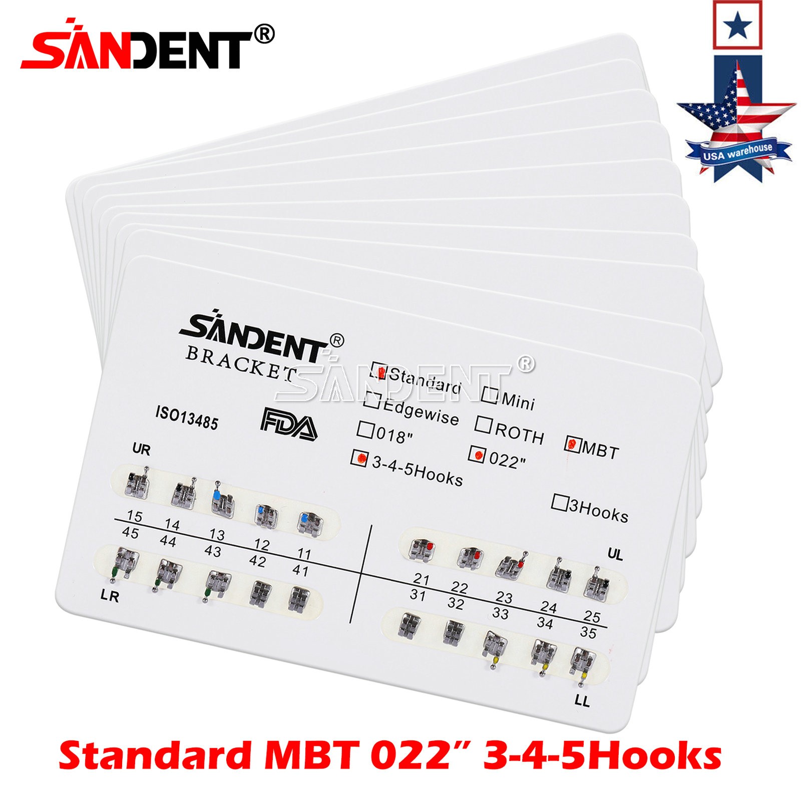 10 Packs Dental Orthodontics Brackets Braces Standard MBT 022″Slot 3 4 5 Hooks
