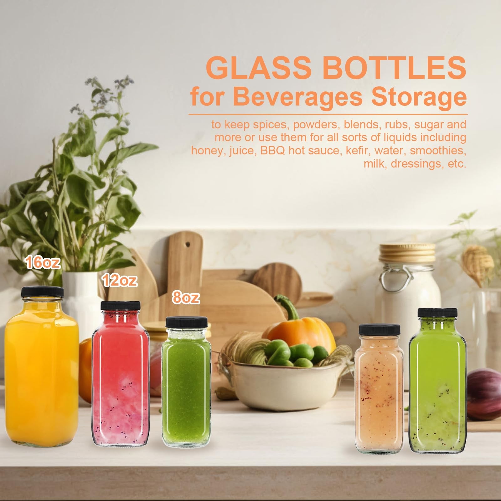 NEWMIAO 6 pack 8 oz Glass Juice Bottles with Lids, 250 ml Reusable 8oz-6pack