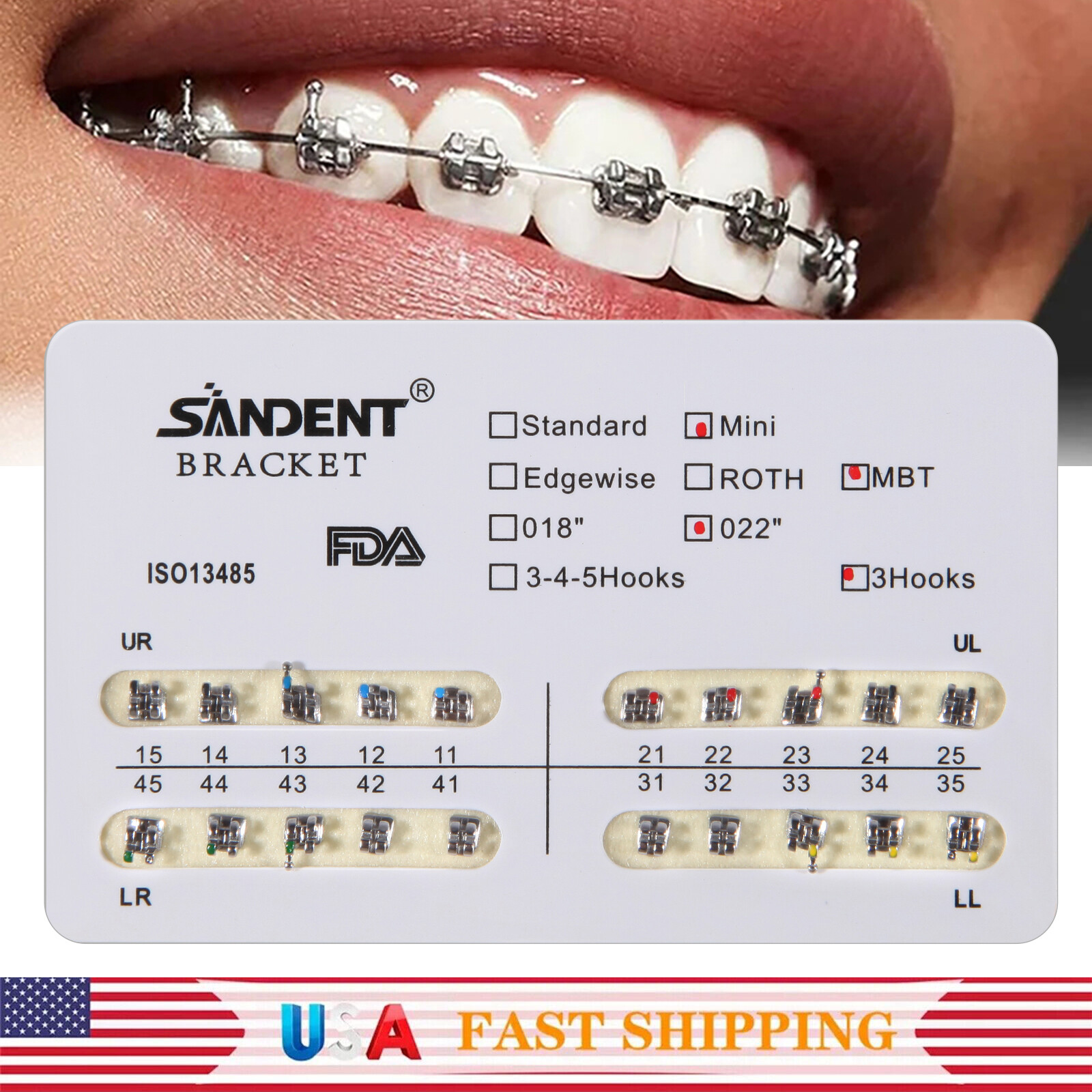 10-200 Packs SANDENT Dental Orthodontic Brackets Braces Mini MBT.022 Slot 3Hooks