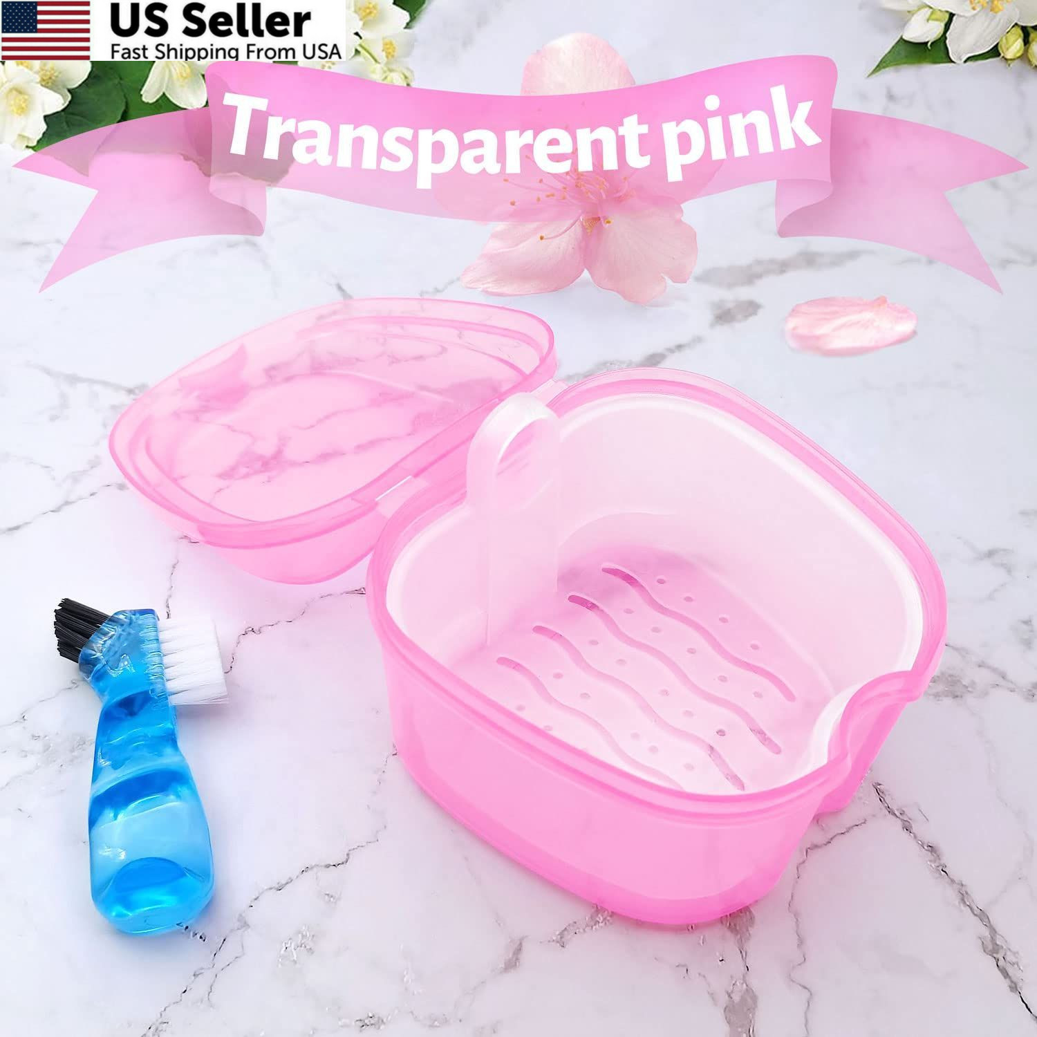 Denture Bath Case Soaking Cup with Brush, Holder Light Pink