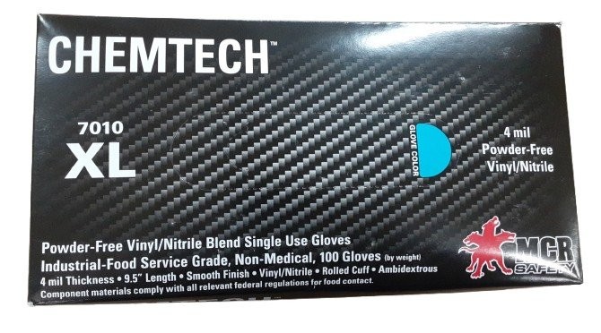 MCR Safety 7010 Chemtech™ Vinyl/Nitrile Blue Gloves, Size XL, 100-Box