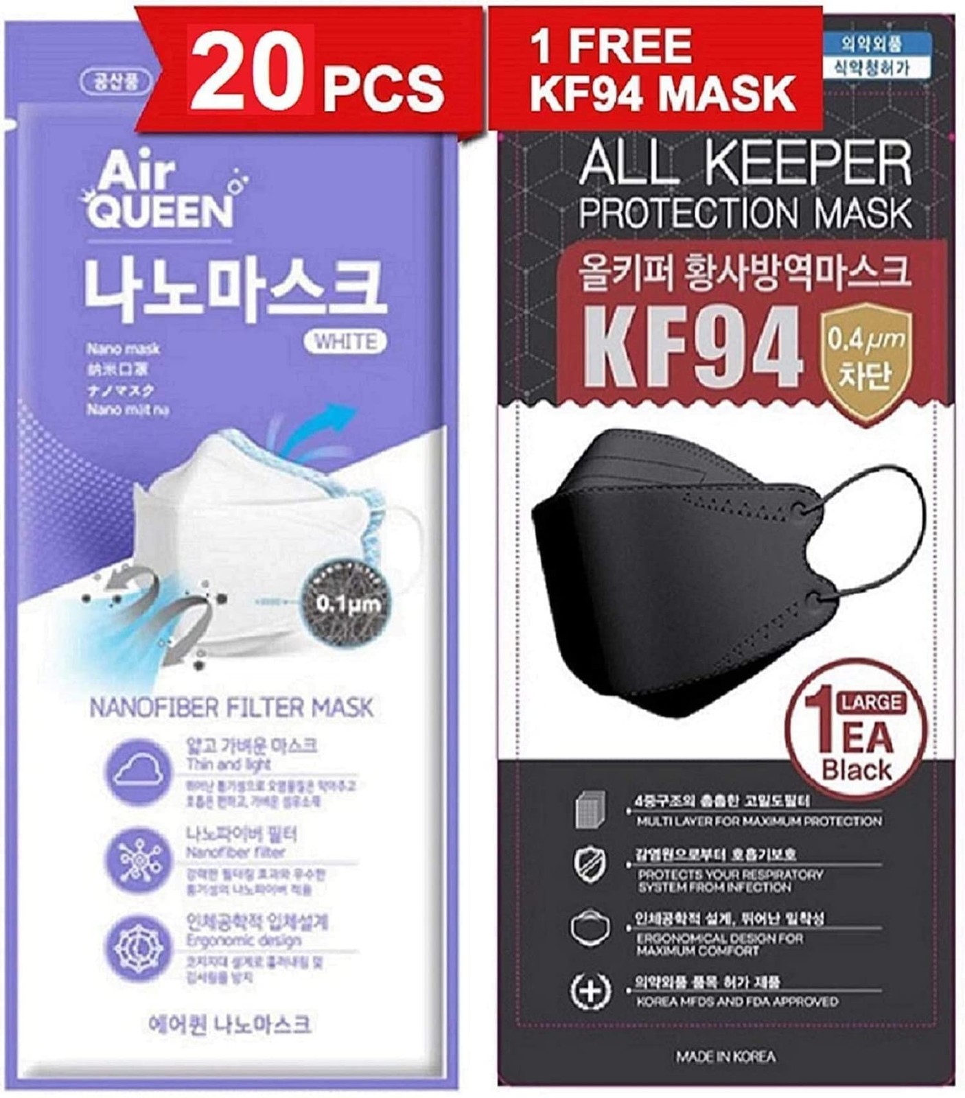 [20 Pack] [Queen] White 3-Layers Safety for Adult + 1 [Black] All Keeper KF94…