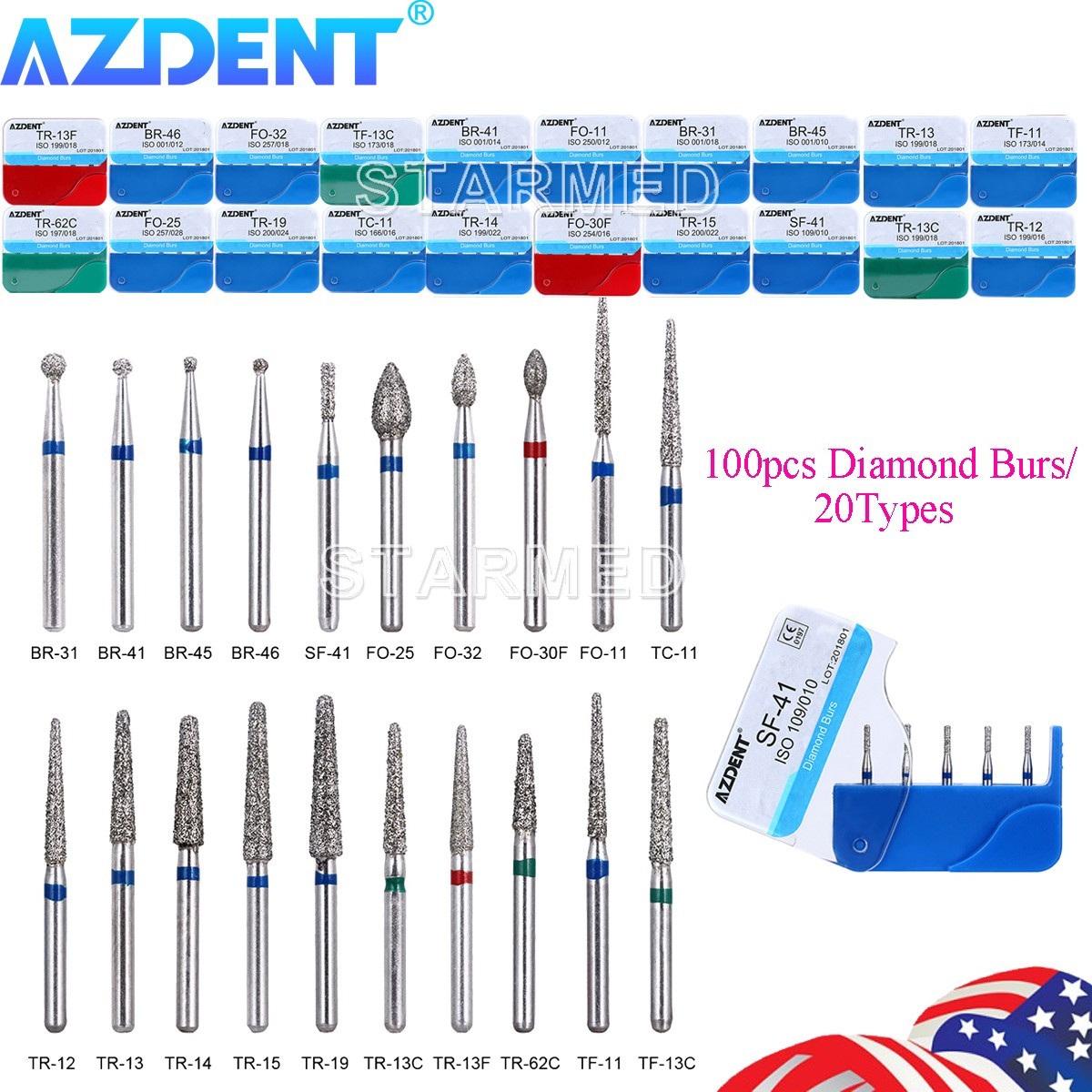 100Pcs AZDENT Dental Diamond Burs Medium FG for High Speed Handpiece 20Types