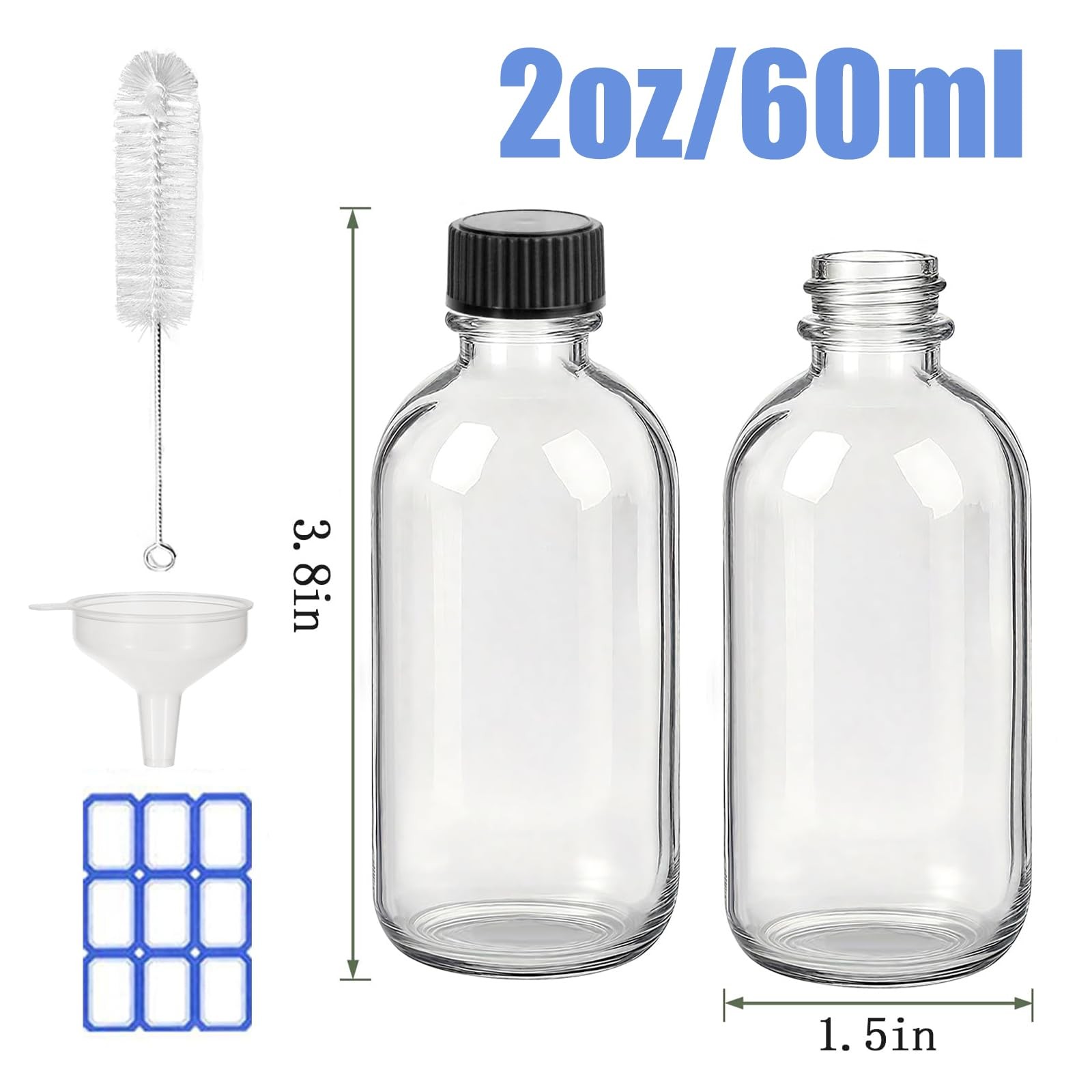 JohnBee 8-Pack 2 oz (60ml) Small Glass Boston Round Bottles with 8Pack, Clear