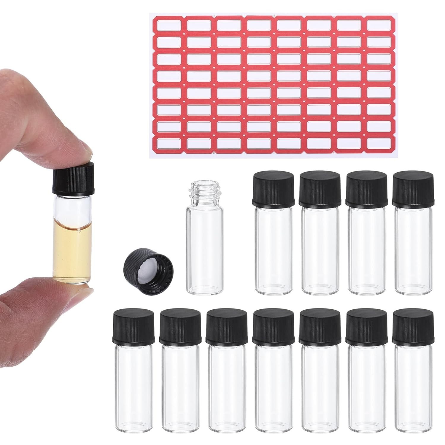 Leak-Proof 2ml Glass Vials with Labels – 12 Piece Reusable Set for Labs & Travel