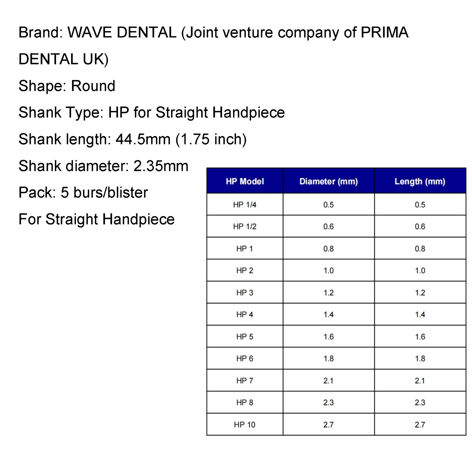 Wave Dental Tungsten Carbide Burs Round HP 1 2 3 4 5 6 7 for Straight Handpiece
