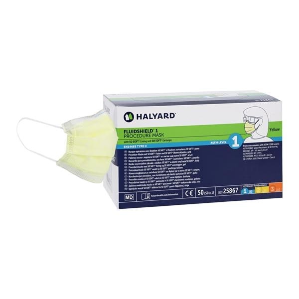 Halyard 25867 FluidShield Procedure Earloop Face Masks ASTM Level 1 Yellow 50Bx