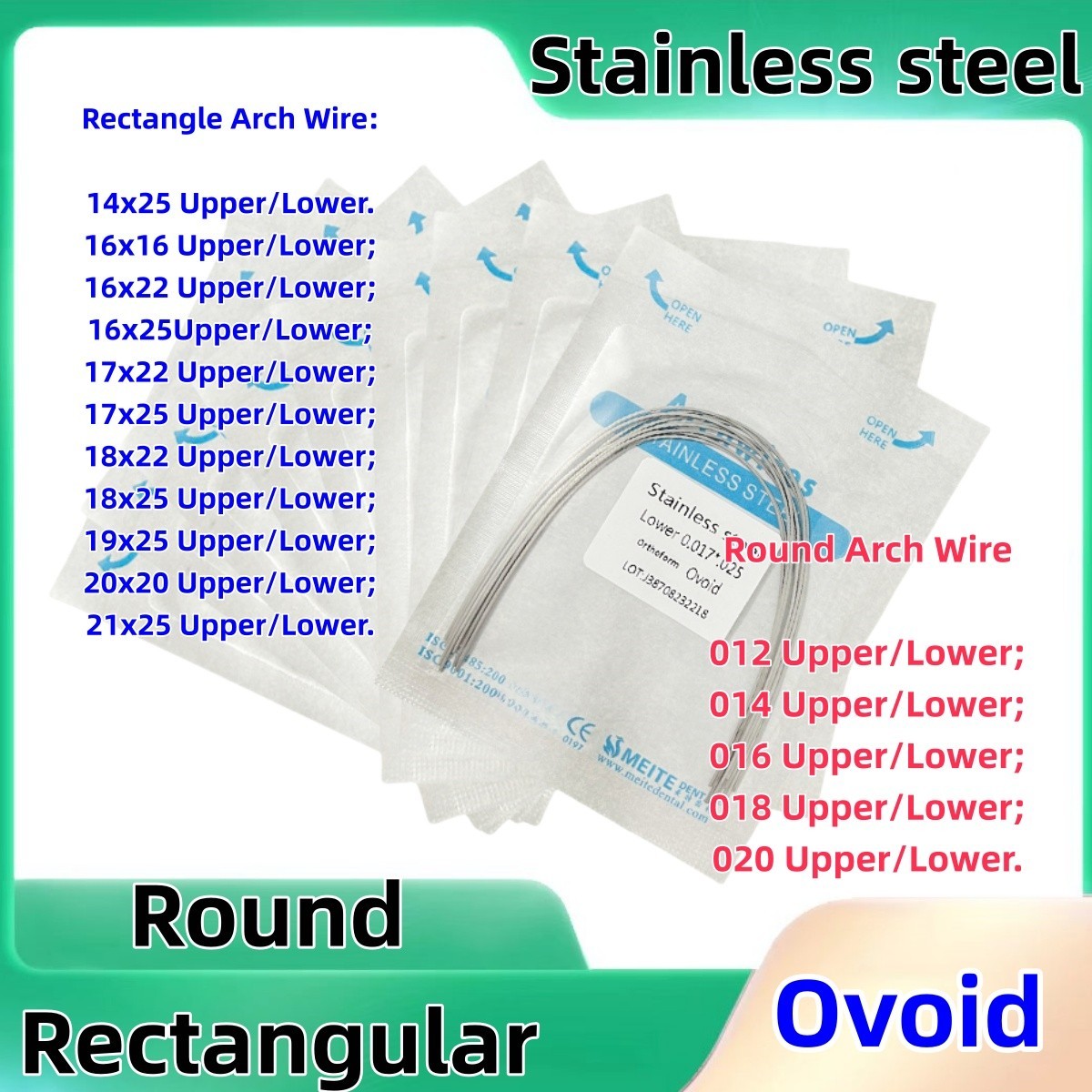 100Pc Dental Ortho S.S Arch Wire Round Rectangular Stainless Steel Wires Ovoid