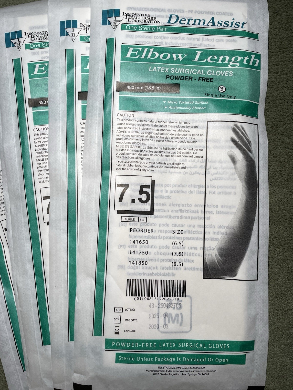 DermAssist Elbow Length Latex Surgical Gloves, 5 Pairs, Size 7.5