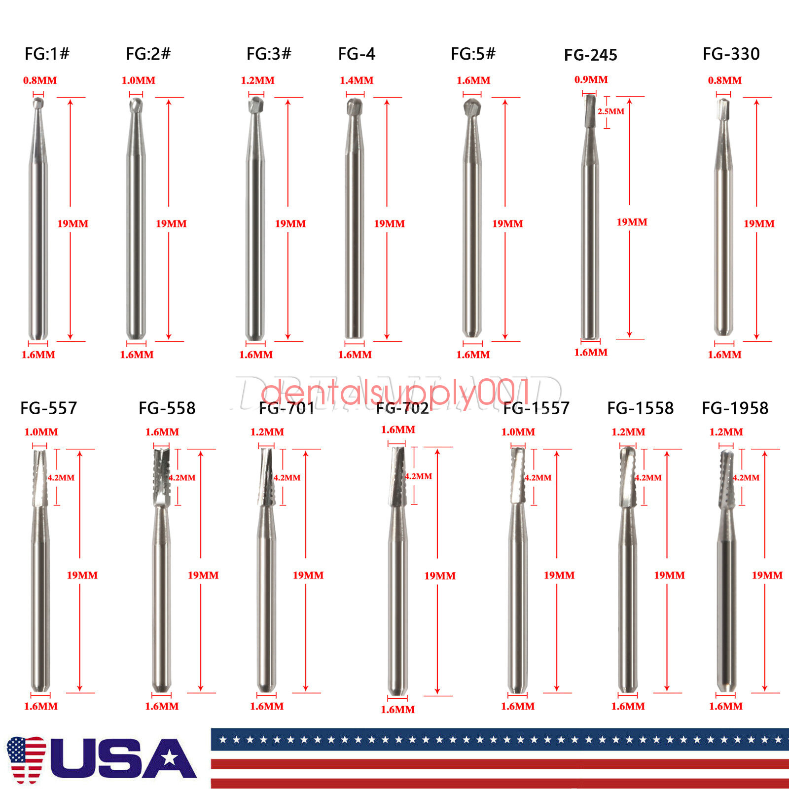 10-100Pcs Dental Carbide Burs for High Speed Handpiece Round Cone Bur Diamond FG