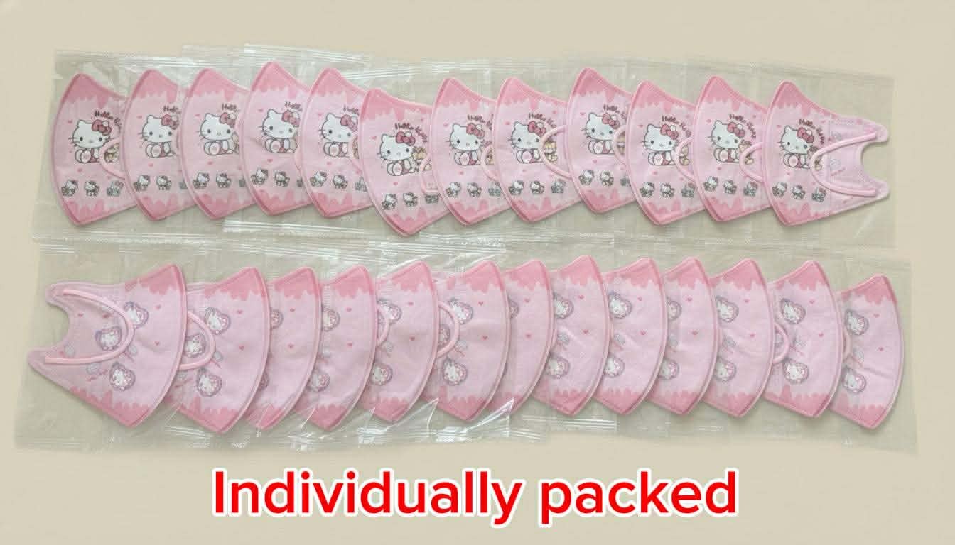 25 Hello Kitty Individual Wrapped Kids Cartoon Face Mask, Ages 5-12