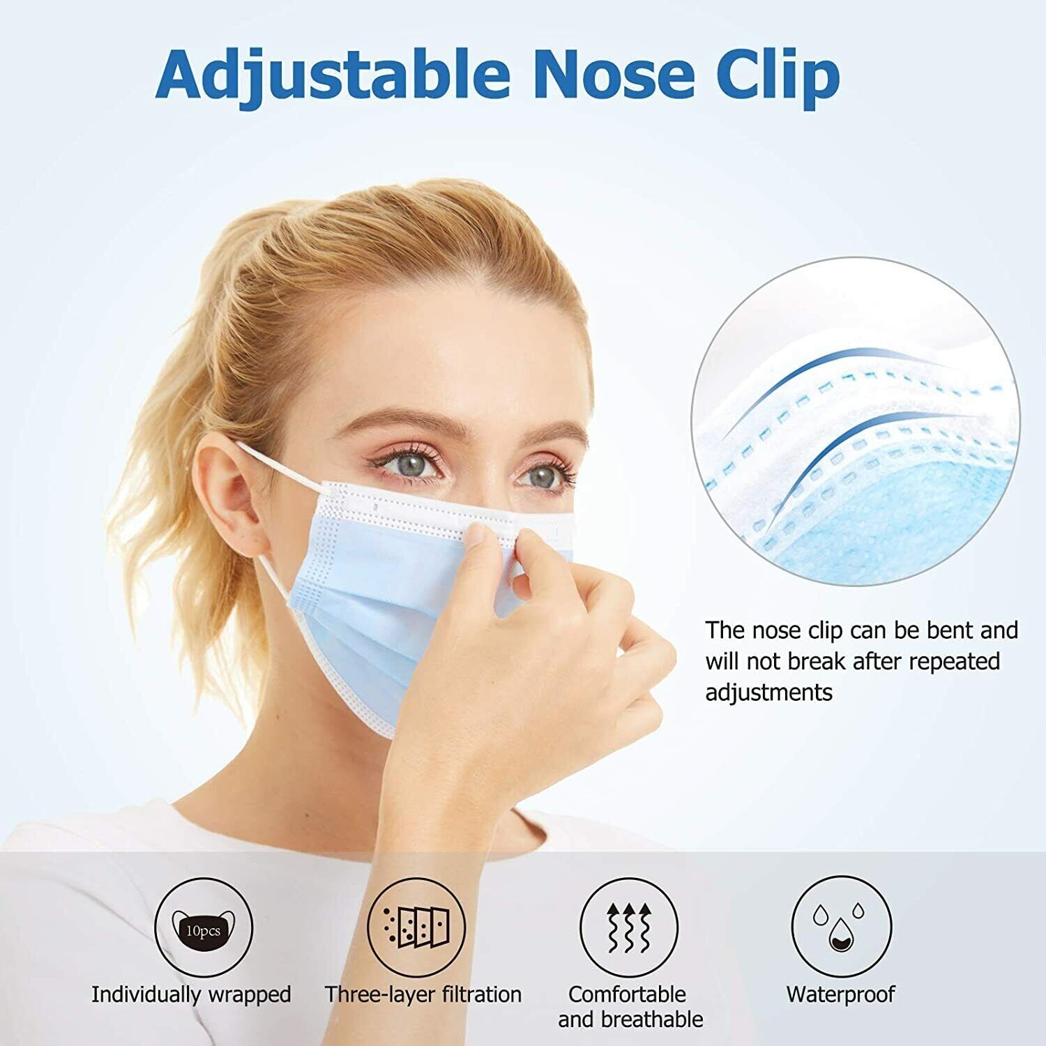 Disposable Face Masks (50pc) 3-Layers, Ear Loop Type, Blue. Free Shipping