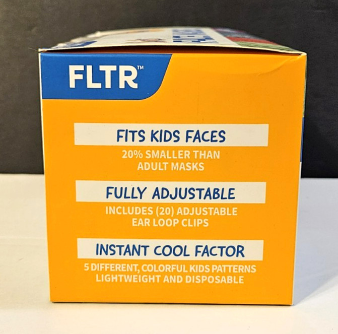 New Box of 50 Kids Face Masks w/20 Adjustable Ear Loop Clips by FLTR