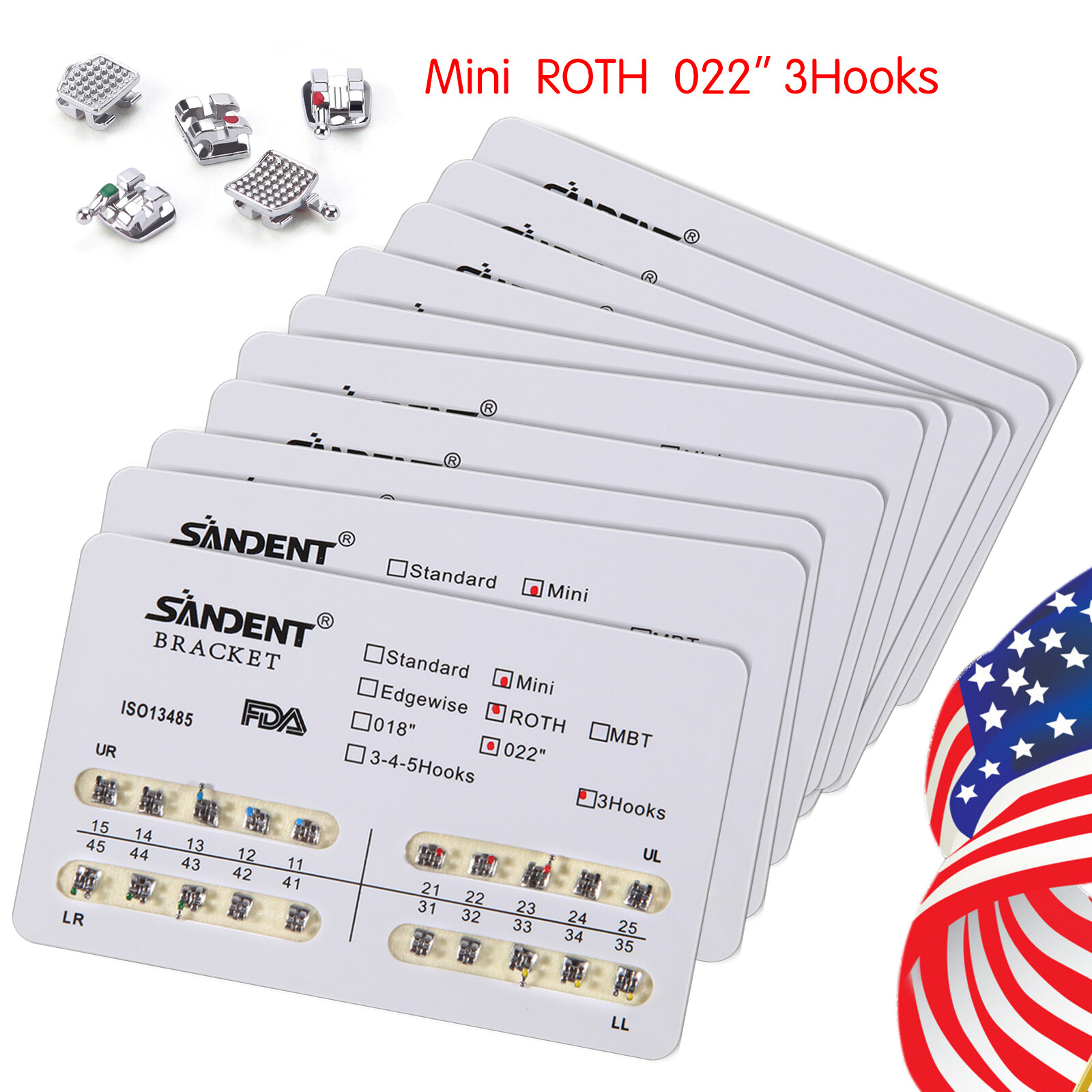 200Pcs Dental Orthodontic Braces Bracket Mini Roth 022″Slot 3 Hooks 10 Packs