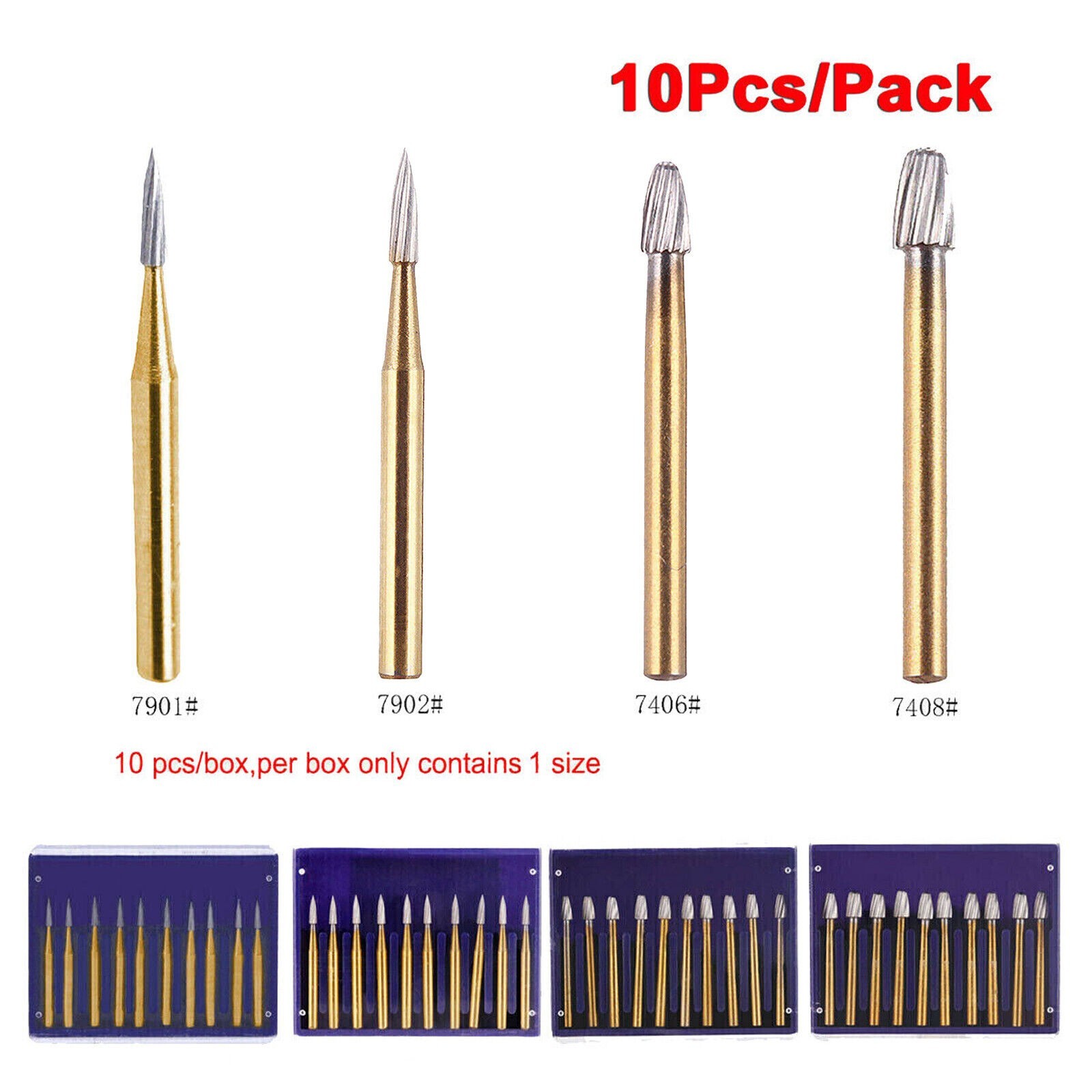 10/ Dental Tungsten Carbide Trimming Finishing Burs Round/Bud/Egg/Flame/Needle