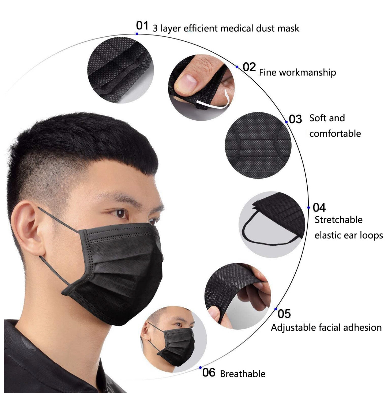 50 PCS 3-Ply Disposable Black Face Mask Non-Medical Earloop Mouth Cover