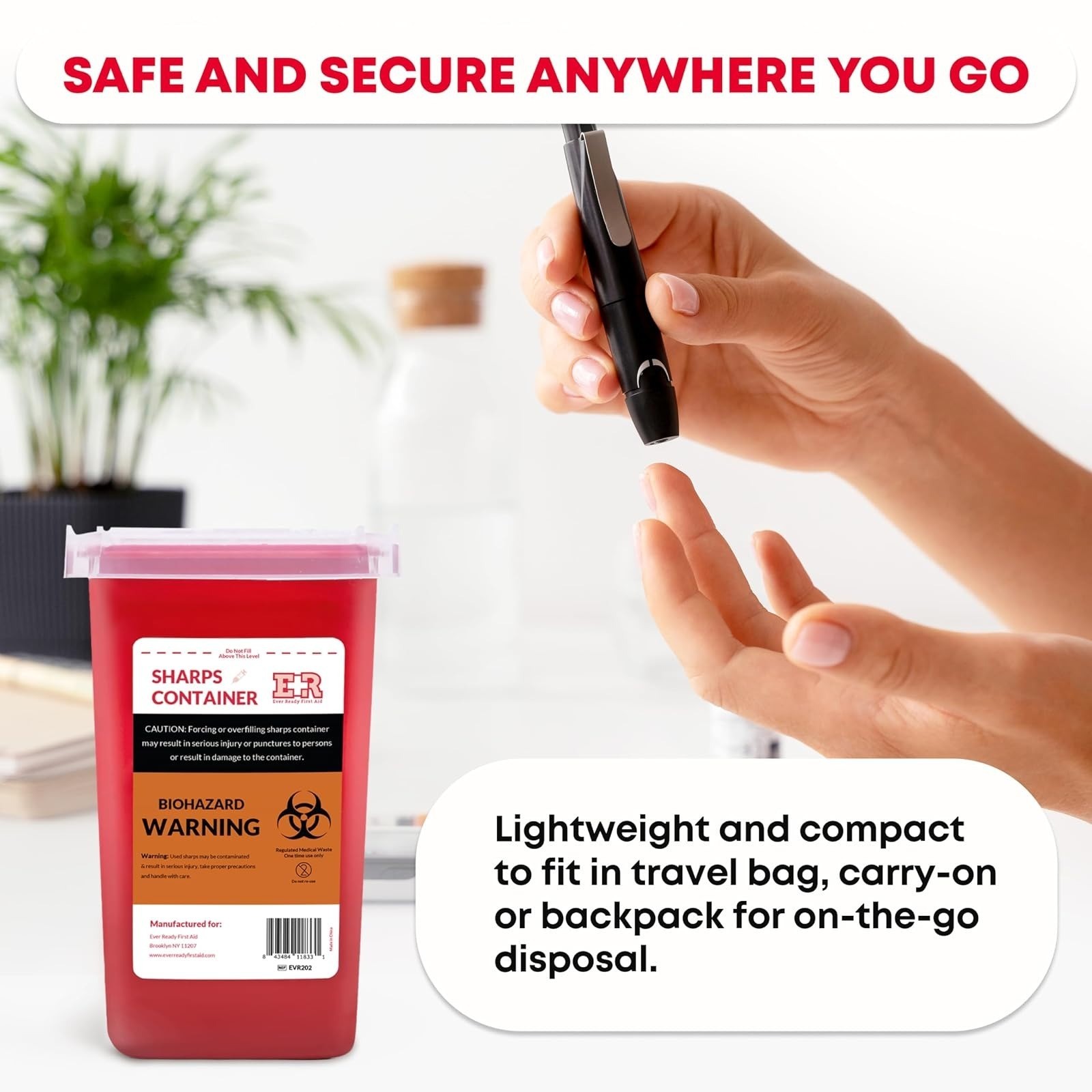 Ever Ready First Aid 3 Count Sharps Container with Locking Lid – 1 Quart