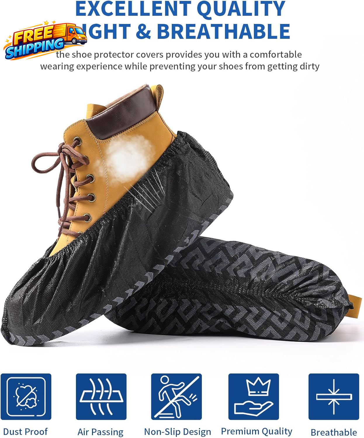 X-Large 50 Pack Shoe Covers Disposable Non Slip Black Non Woven Fabric Boot