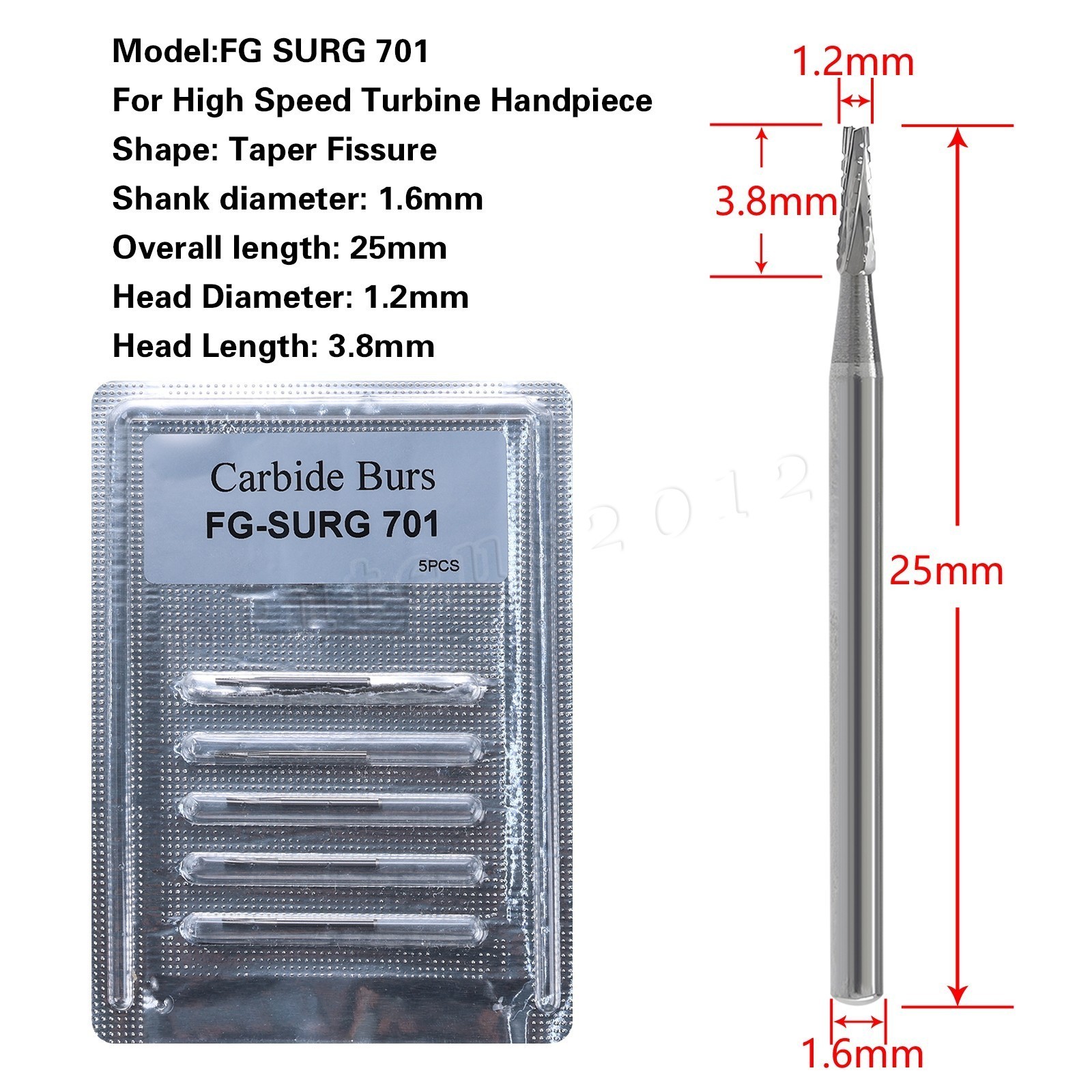 Dental Surgical Burs 25mm Carbide Bur FG SURG Taper Fissure FG 701 High Speed