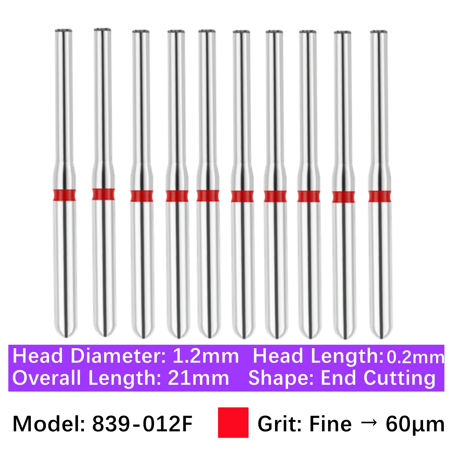 Vakker 10pc Dental 839-012F Fine Grit Diamond Bur Friction Grip End Cutting Burs