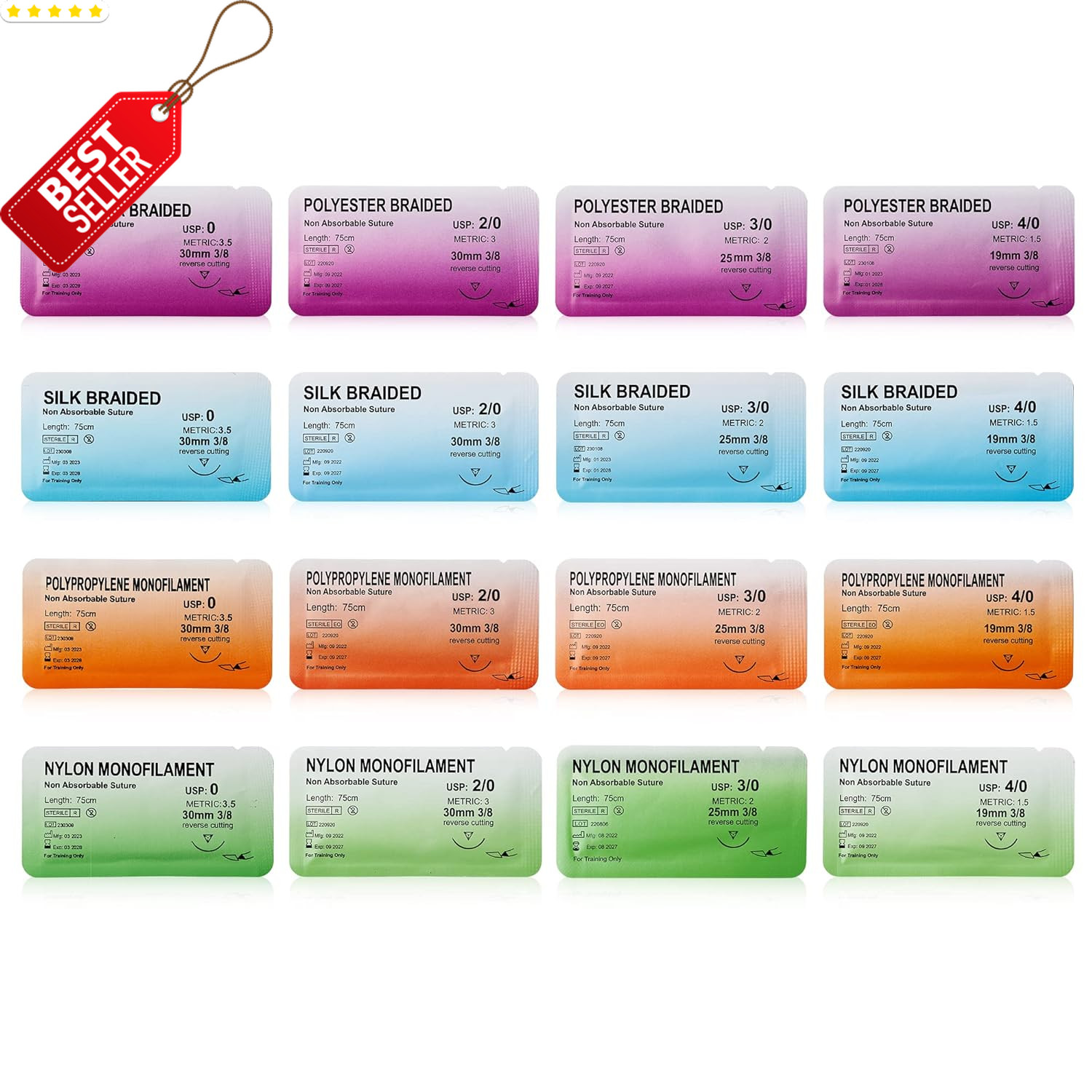 Sterile Sutures Thread & Needle Kit 16 Mixed Sizes w/ 12 Tools 28pc – US