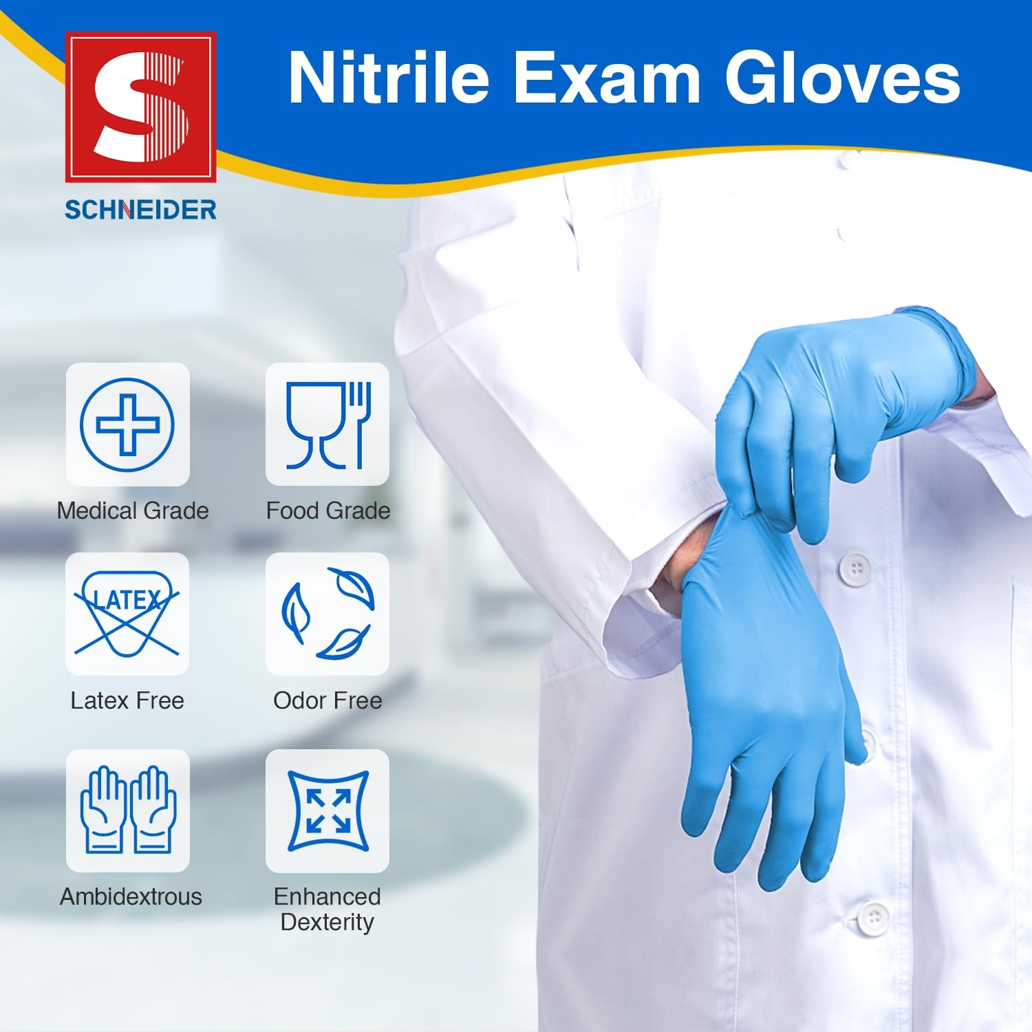 Schneider Nitrile Exam Gloves – L, 200-ct Box,Blue, Latex Free, Powder Free,