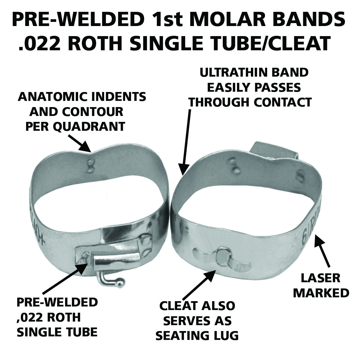Orthodontic Pre-Welded 1st Molar Bands USA Sizes Roth .022 Tube/ Cleat Pack of 5