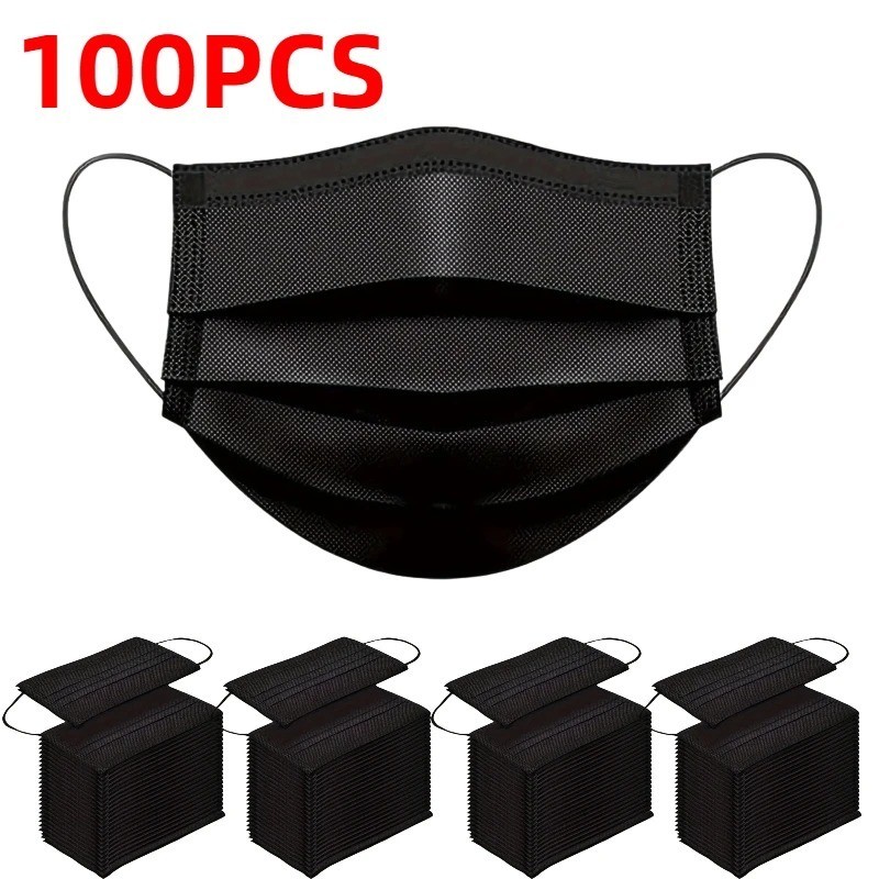 100 PCS Black 3-Ply Disposable Face Masks Non-Medical Ear Loop Breathable