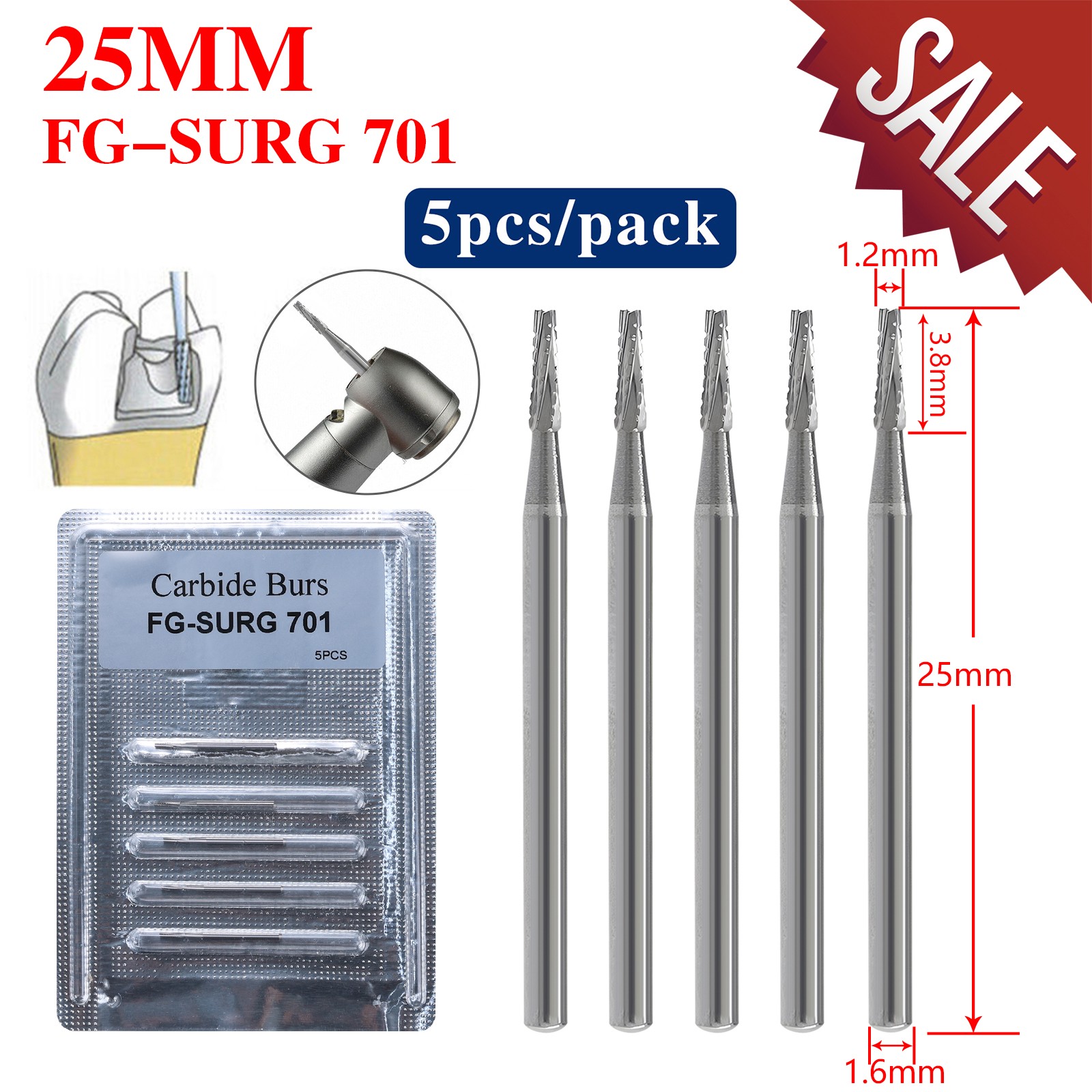 5pcs FGXL-701L Dental Surgical Carbide Burs 25mm Tapered Fissure Cross Cut
