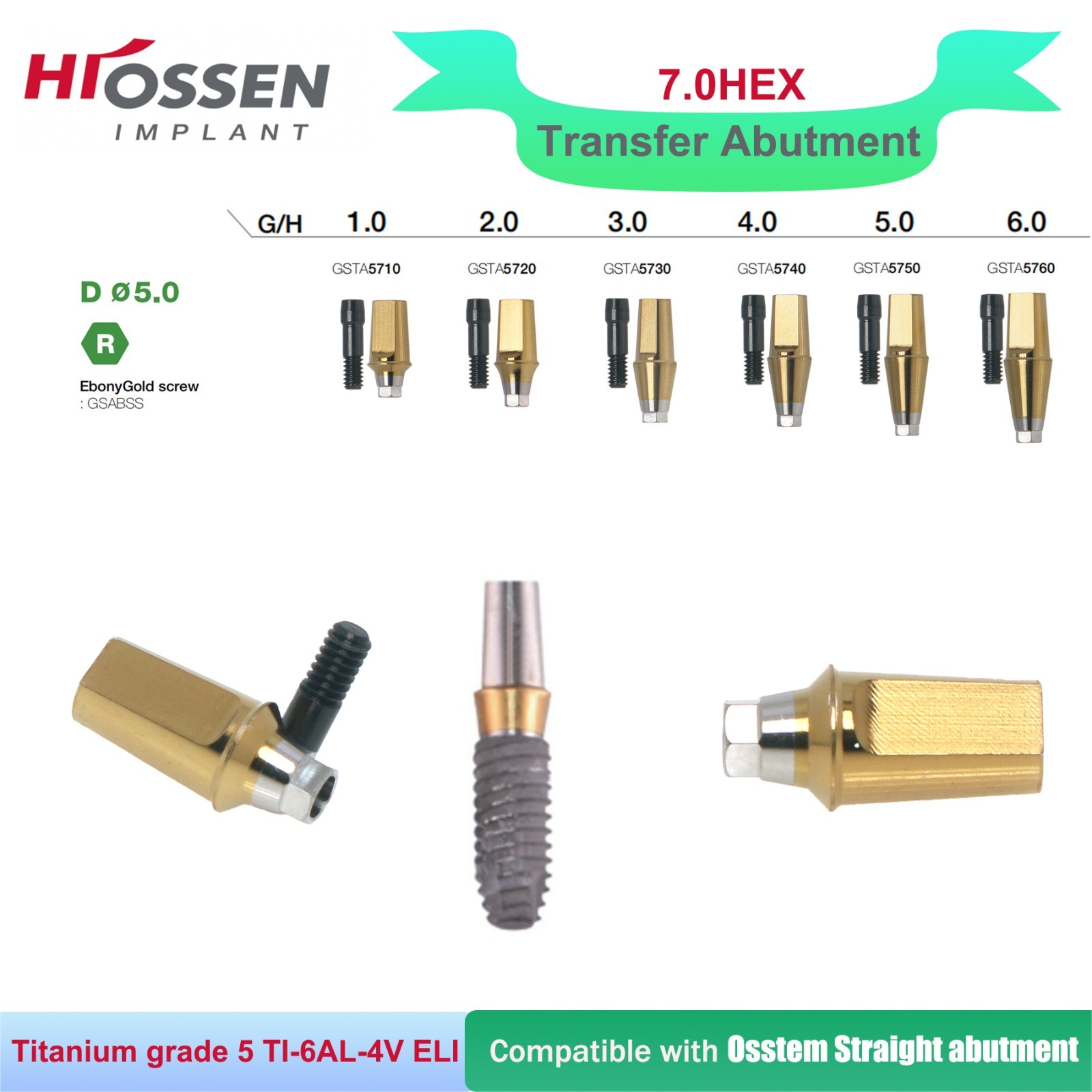 US Titanium Straight Transfer Hex Abutment Fit Hiossen ET/Osstem TS Mini/Regular