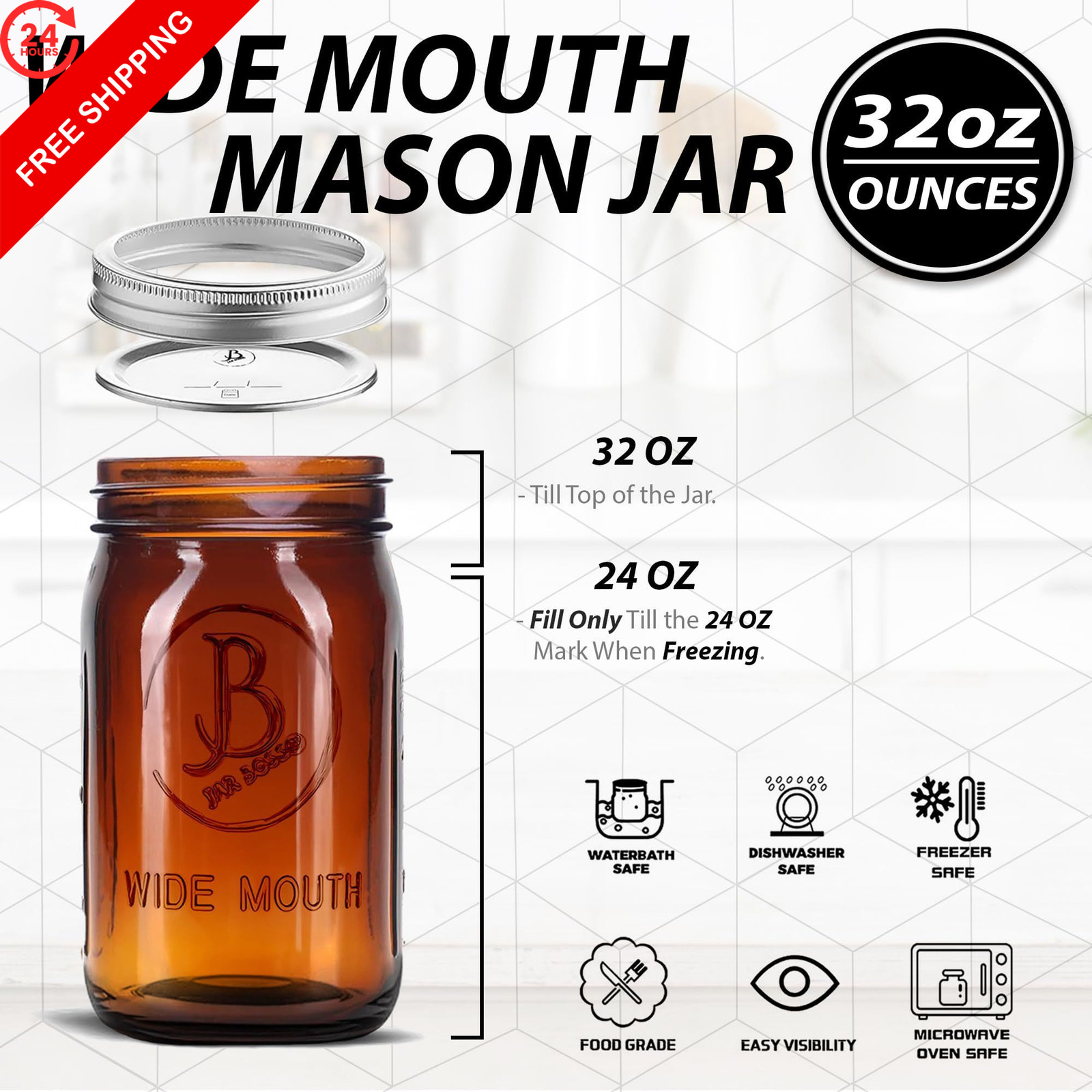 Amber Wide Mouth Mason Jars 32 oz – (2 Pack) – Glass 32 ounces,