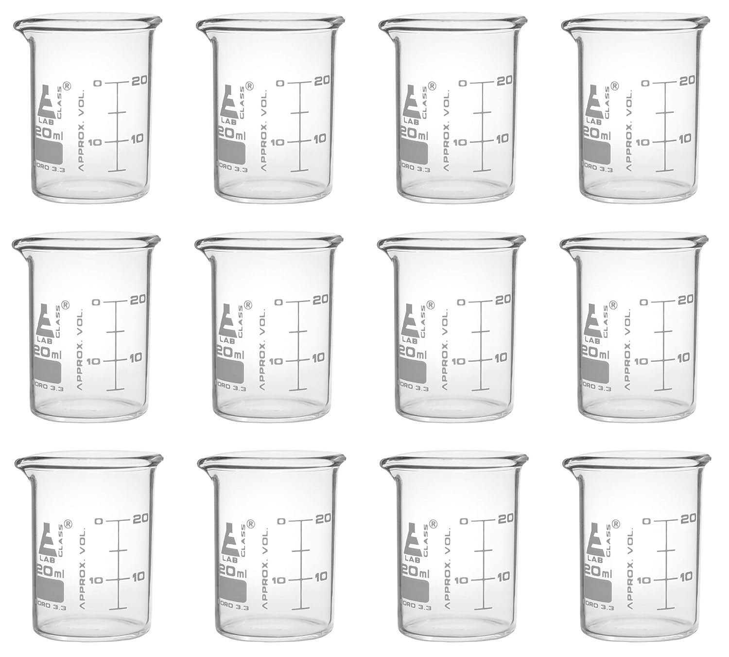 Eisco Labs 20ml Low Form Beakers, ASTM – Borosilicate Glass – 12 Pack