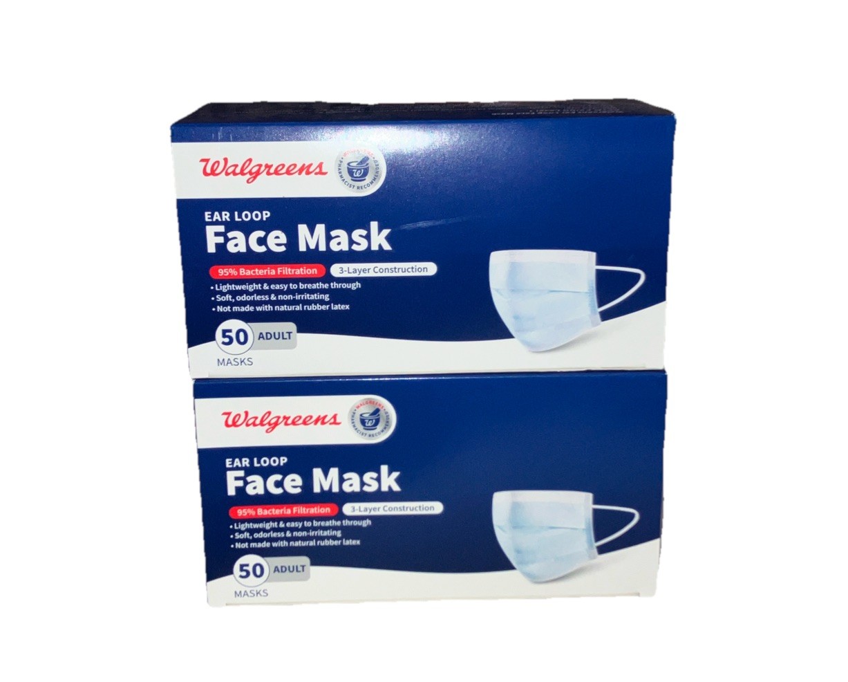 Walgreens Face Mask Ear Loops 100 Count Adult 95% Bacteria Filtration New In Box