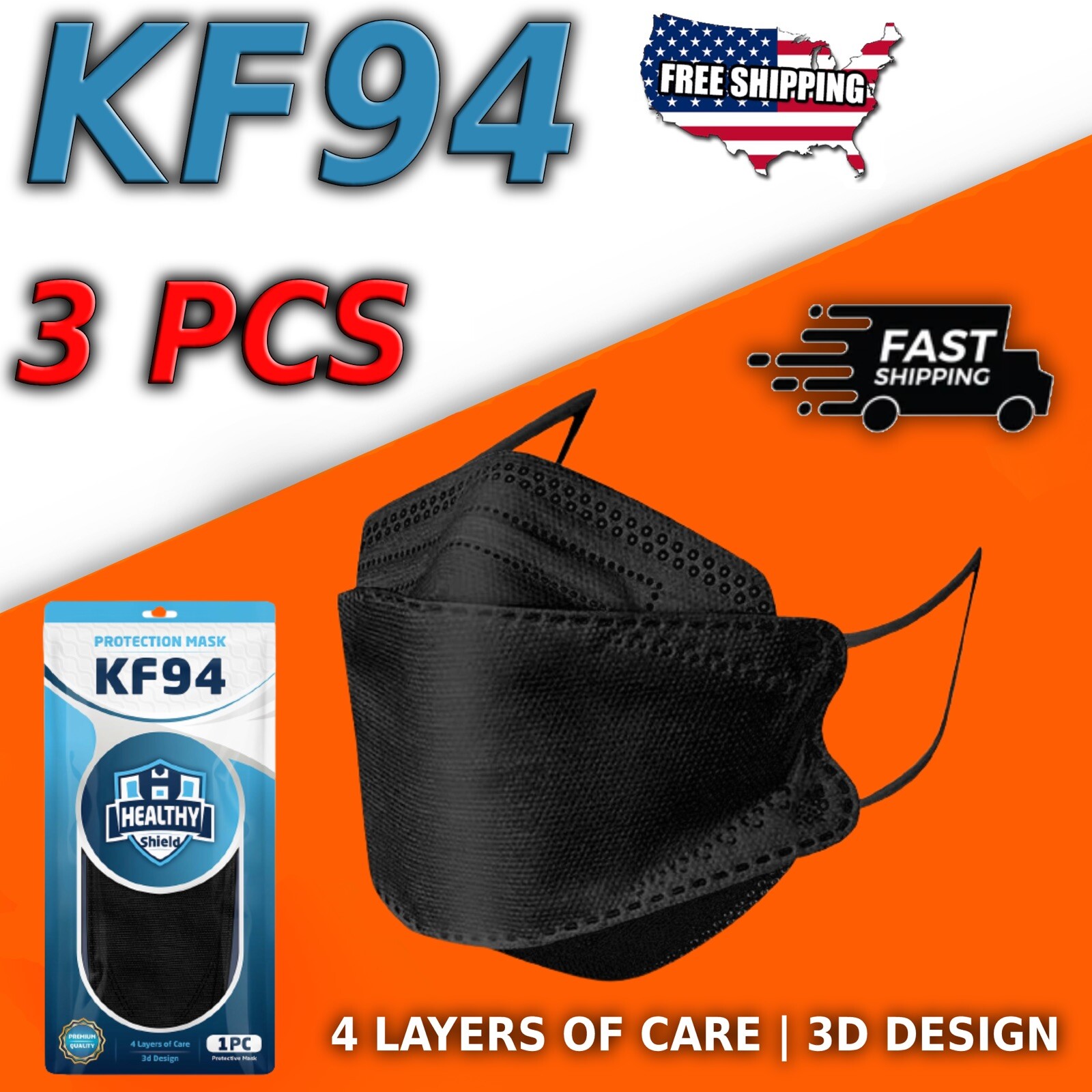 3Pcs KF94 Disposable Face Masks 4 Layers Filters 95%+ PFE & BFE