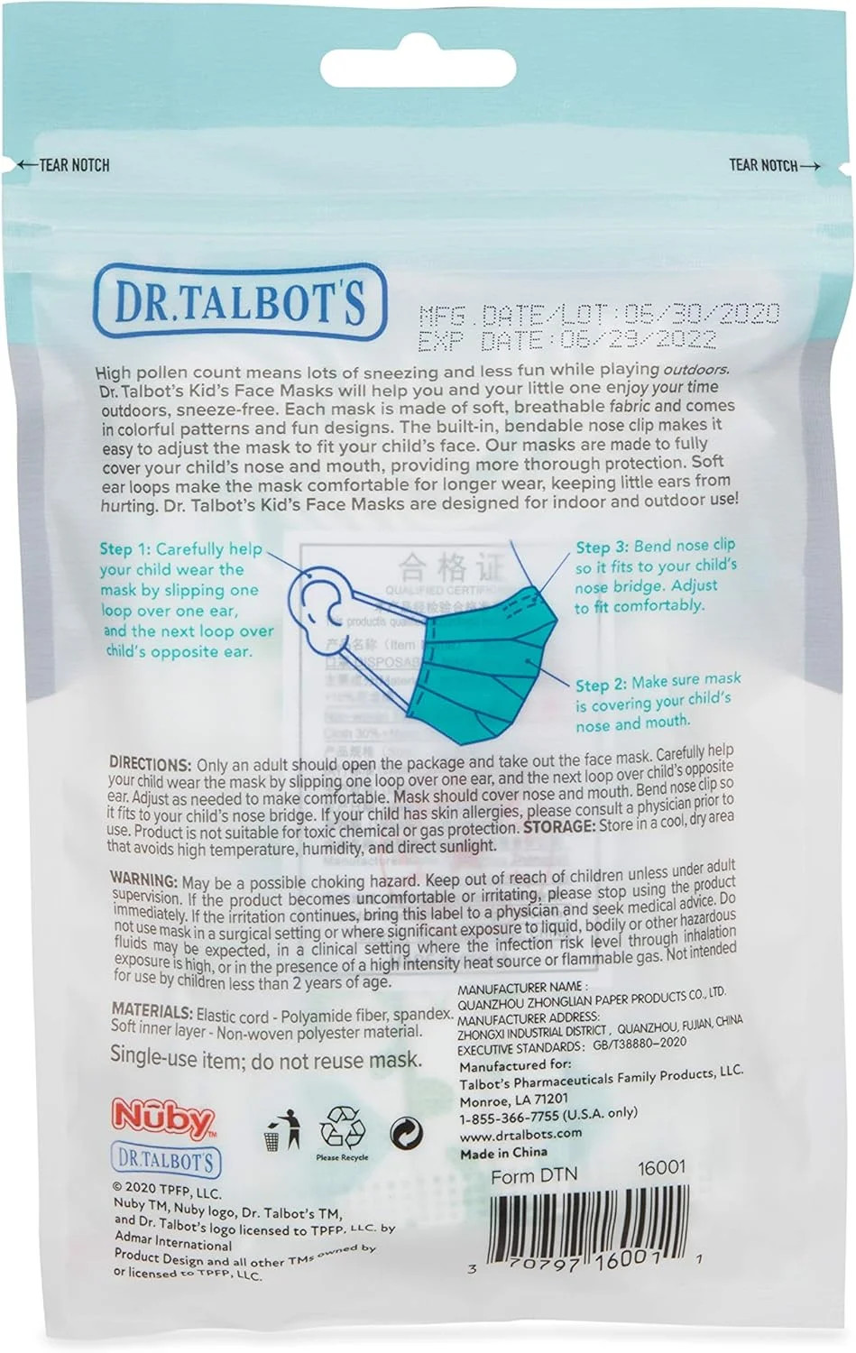 Dr. Talbot’s Disposable Kid’s Face Mask for Personal Health
