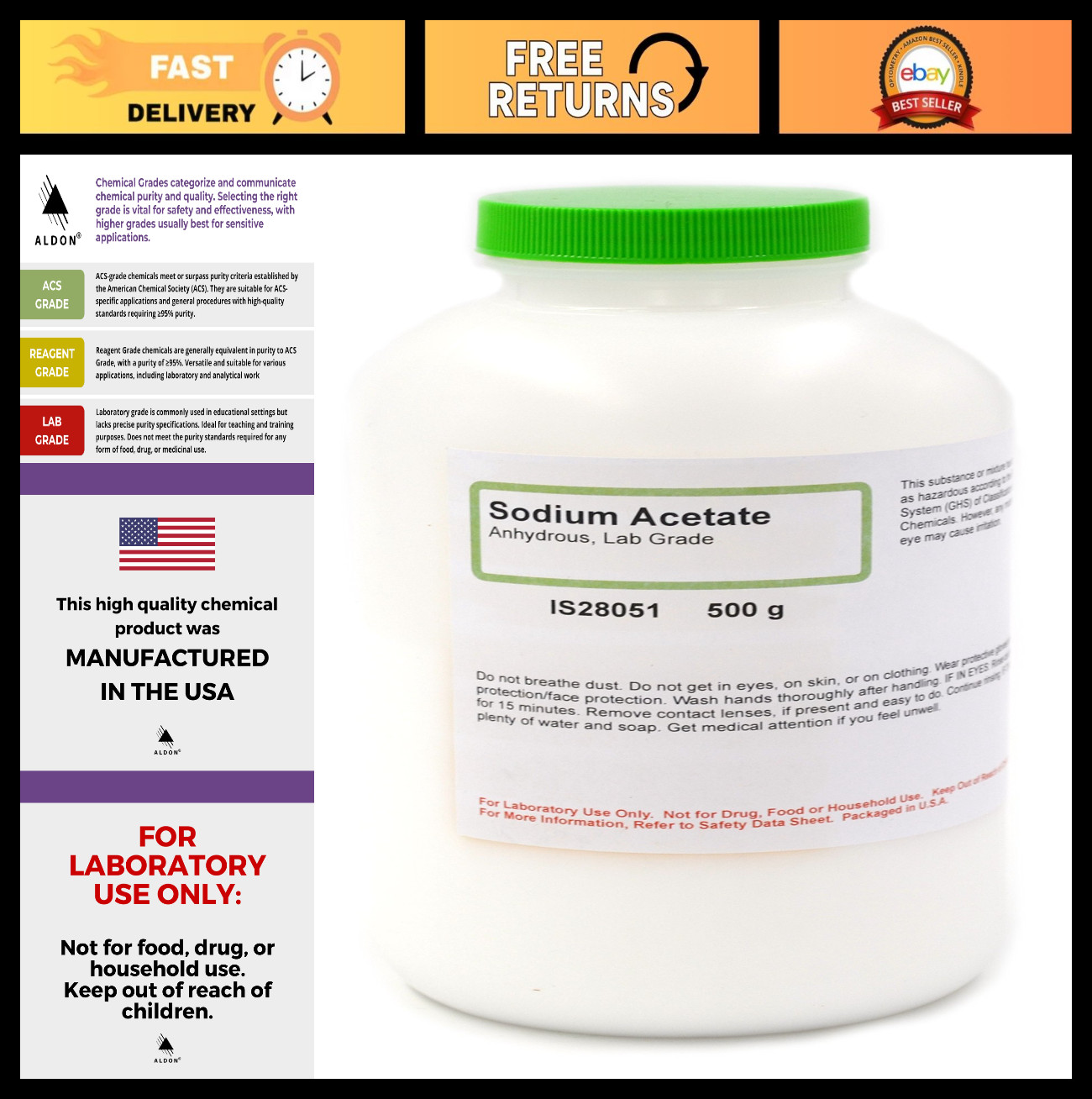 High-Purity Anhydrous Sodium Acetate 500g – Lab-Grade Chemical for Experiments