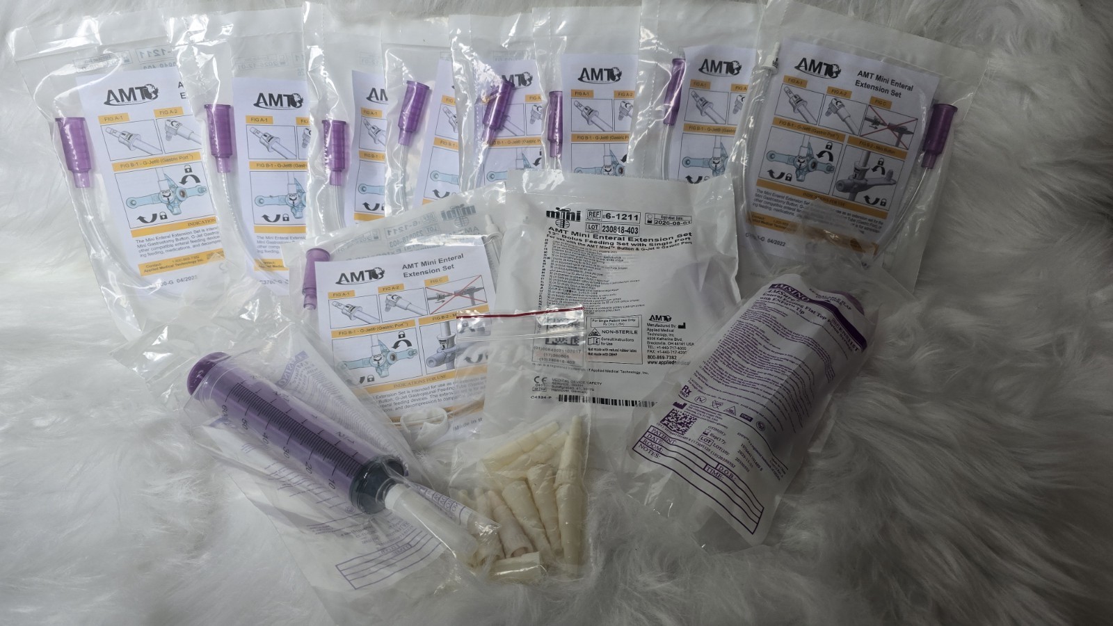 10 AMT Mini Enteral Extension 6-1211, 2 enfit syringes, and adapters NEW bundled