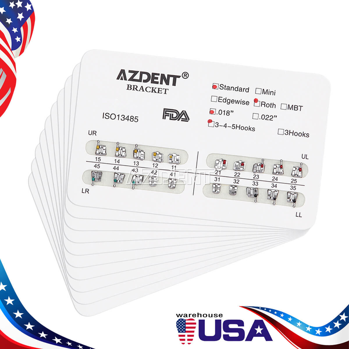 AZDENT Dental Orthodontic Brackets Braces Standard Roth/MBT 018/022 Hooks 3/345