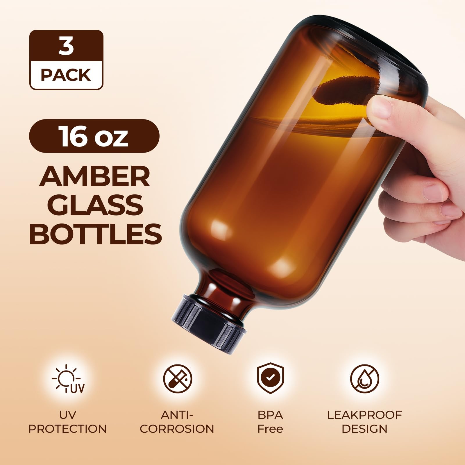 3 Pack,16 OZ Amber Glass Bottles Boston Round Sample Refillable