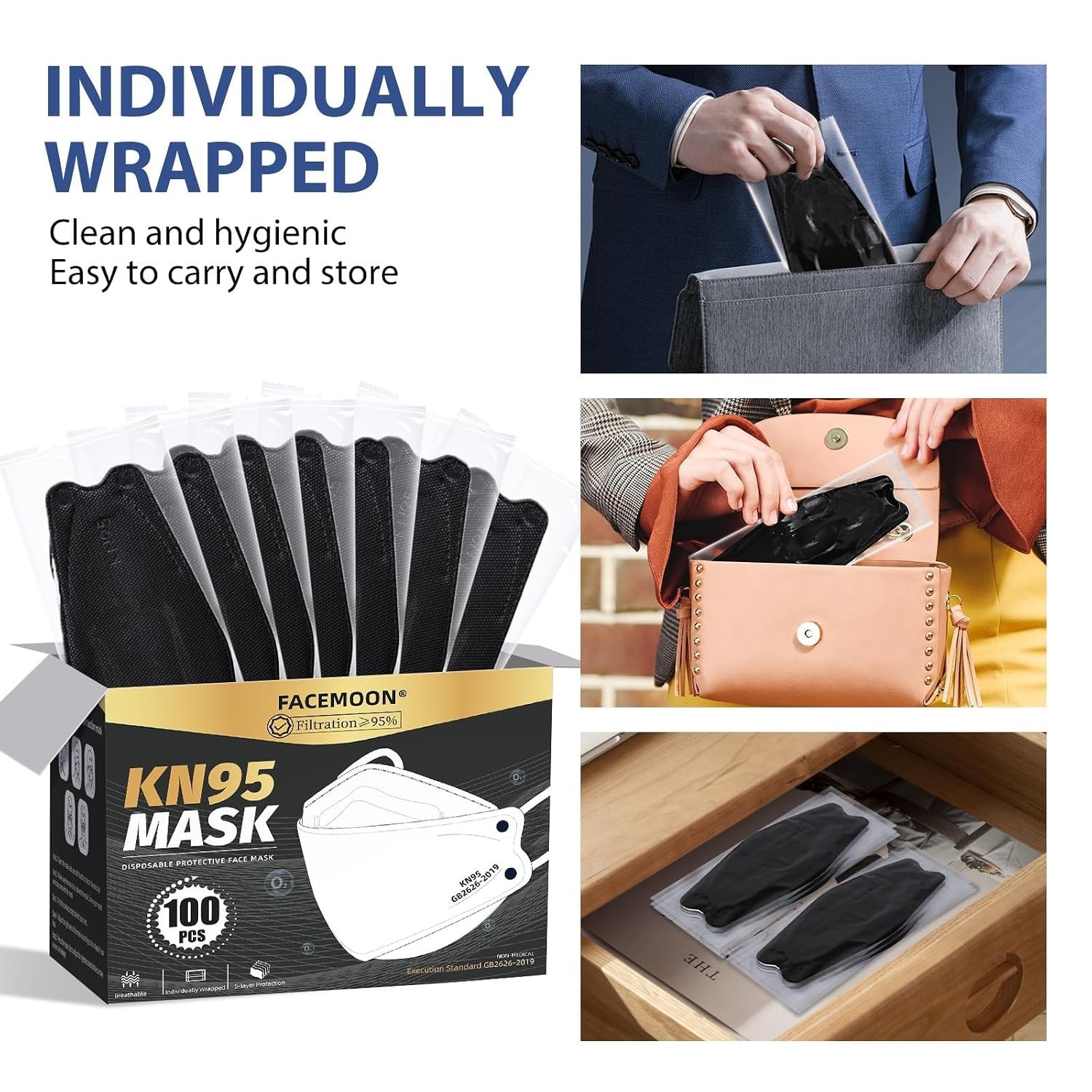KN95 Face Mask Disposable Adults – 100 Pack 5 Layer Protection Adjustable KN9.