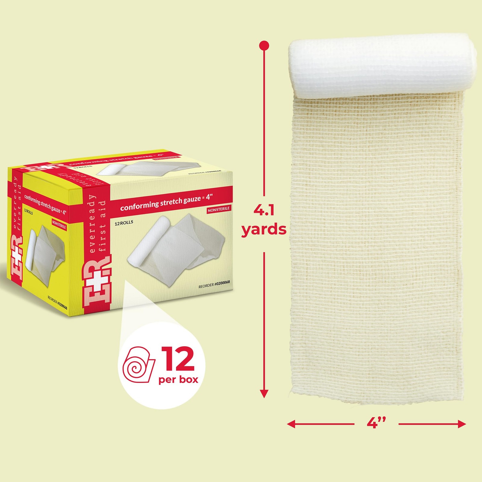 Ever Ready First Aid Conforming Gauze Roll Bandage Non Sterile Box of 12-4 4″