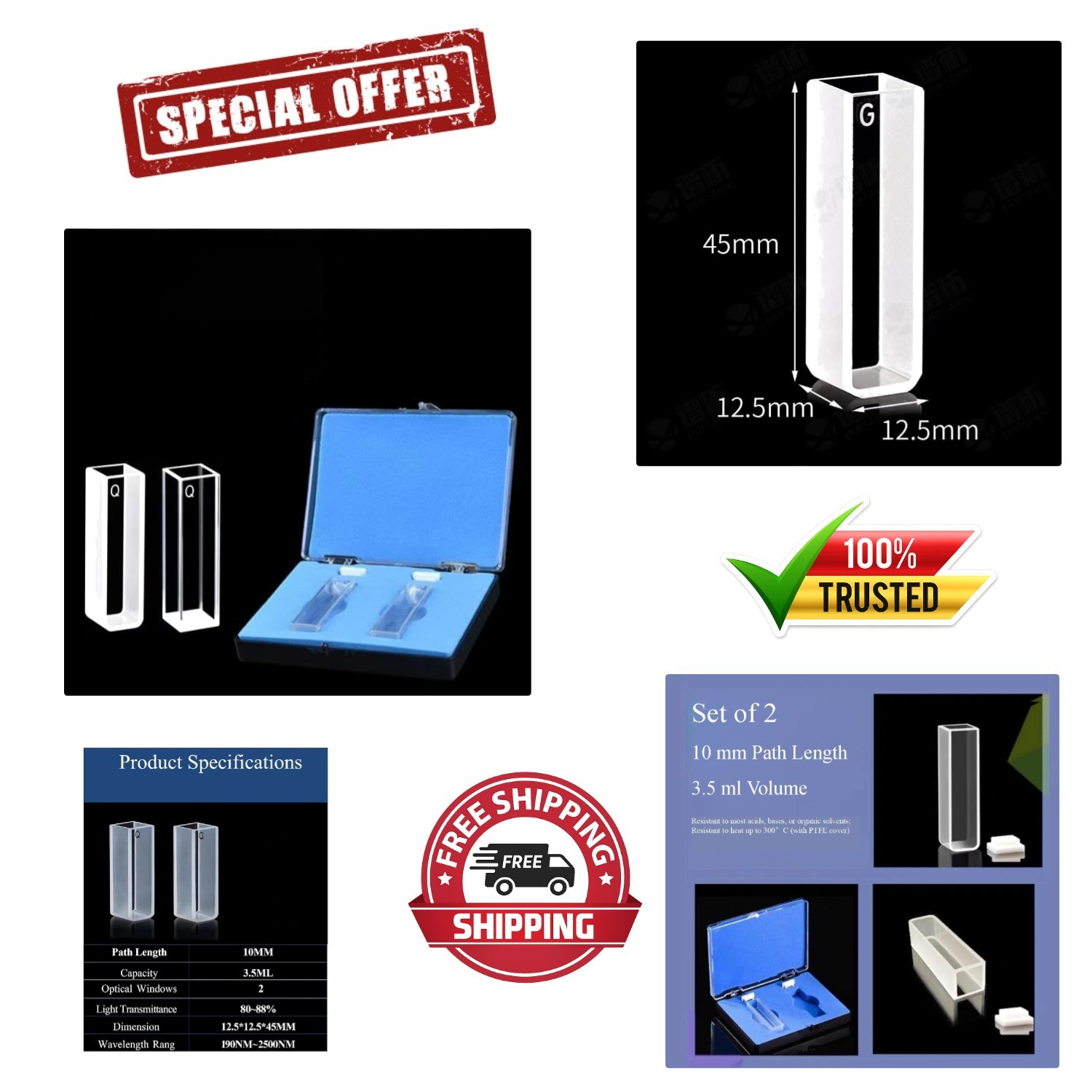 Quartz Cuvette Set: 2 x 10 mm, 3.5 ml, 190-2500 nm for Accurate Analysis