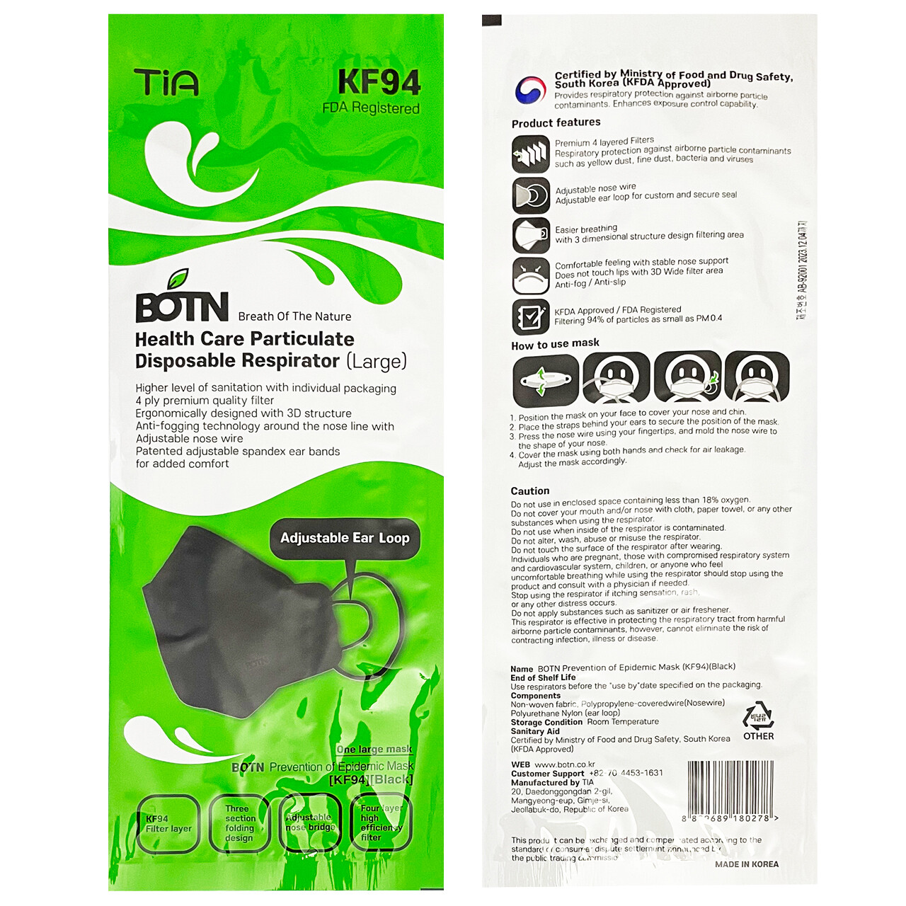 10 Pack BOTN KF94 BLACK Protective Face Mask Adult Made in Korea KFDA Approved