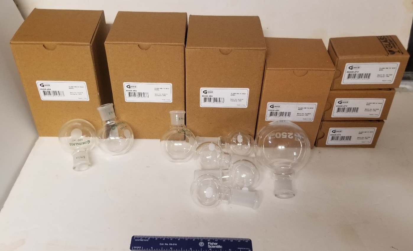 Mixed lot of new and used 19/22 round bottom flasks 3x500ml, 2×250,6×100,4×50 ml