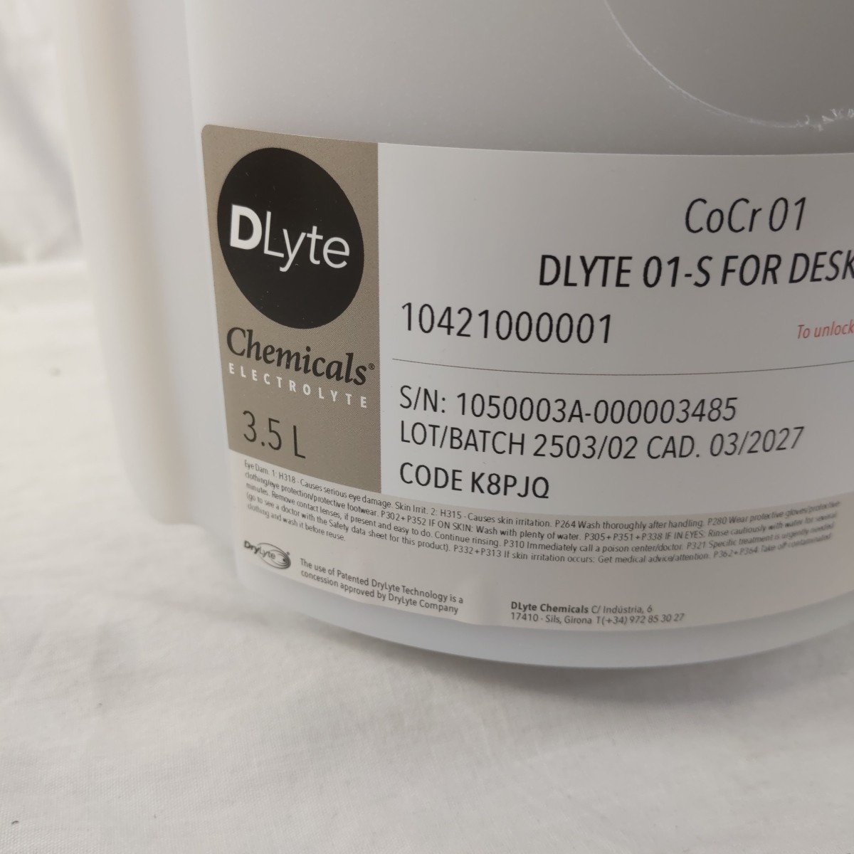 Electrolyte CoCr DLyte 01-S for Desktop machine (3.5L Tub) 10421000001