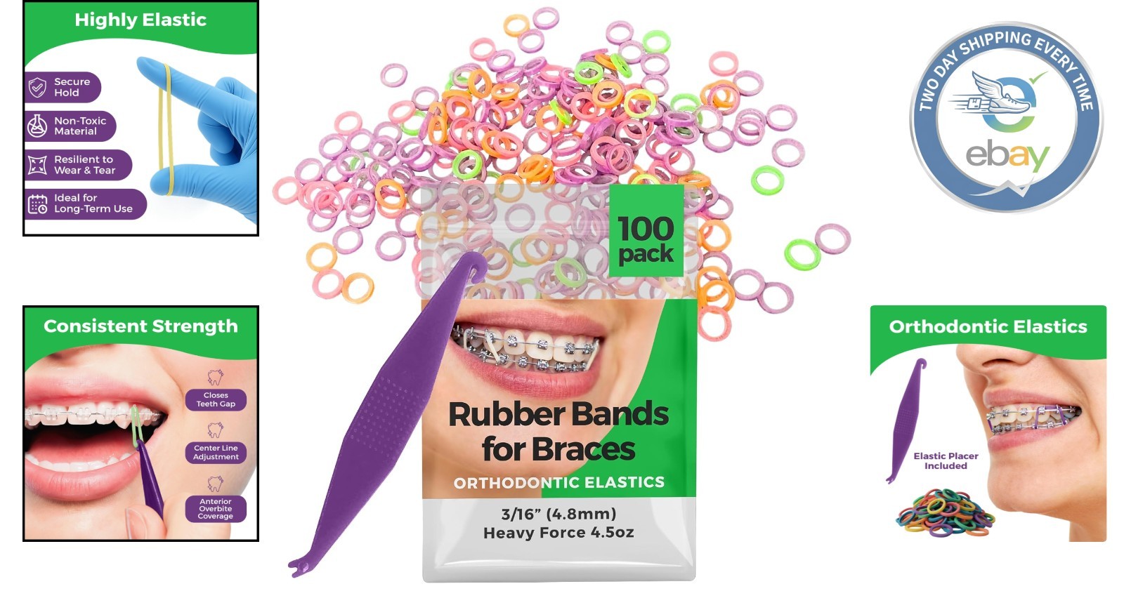 Heavy Force 3/16 Inch Orthodontic Rubber Bands – 100 Pack with Placer Tool