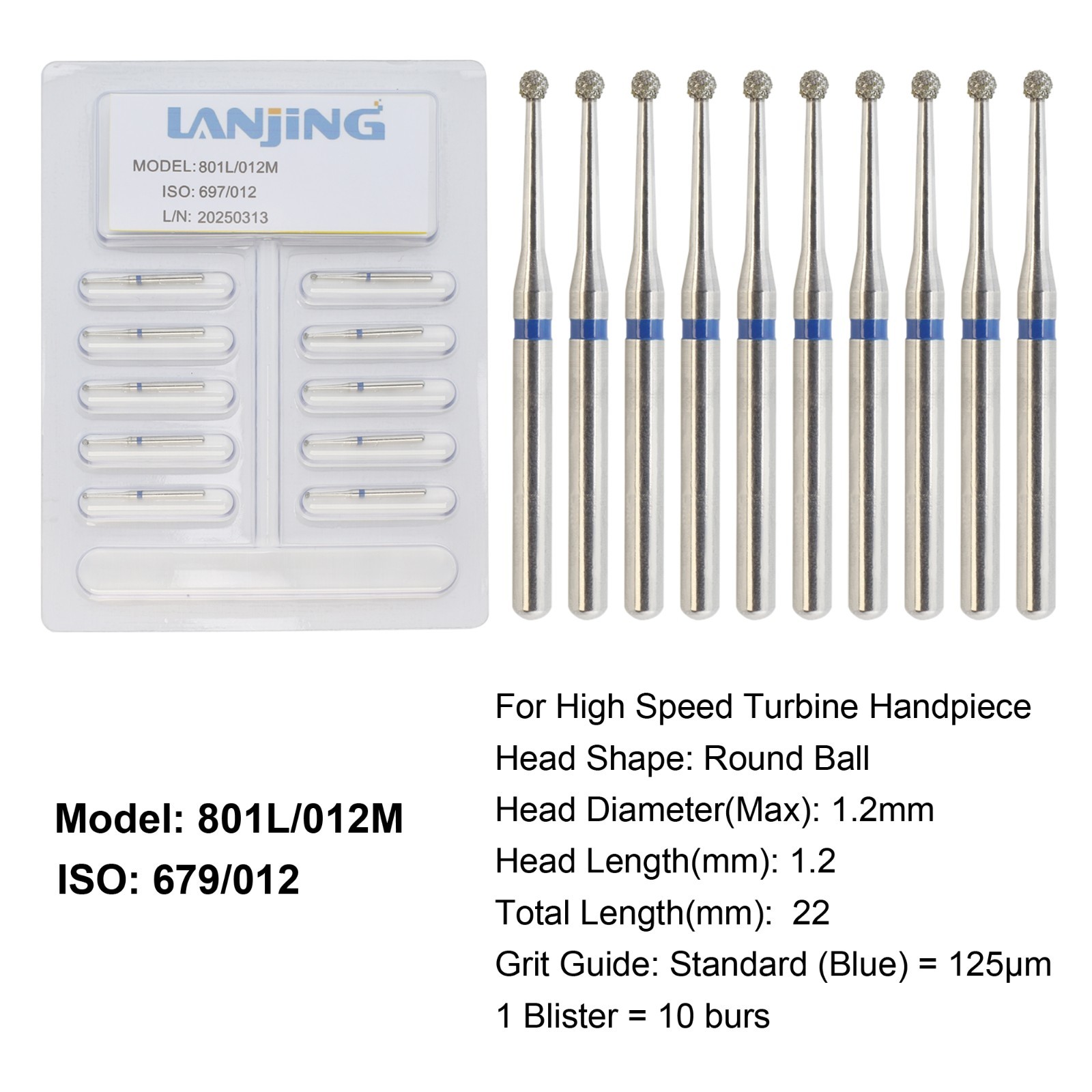 Dental Round Diamond Bur FG Long Shank Surgical Diamond Burs High Speed 801L